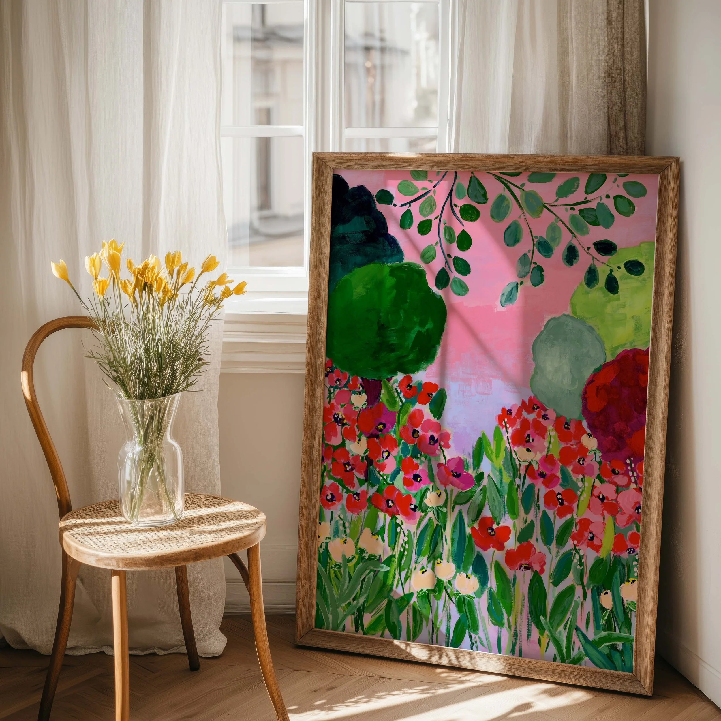 Vibrant art print capturing the enchanting beauty of Claude Monet's garden in Giverny, where brilliant red poppies bloom beneath graceful branches against a dreamy pink sky.