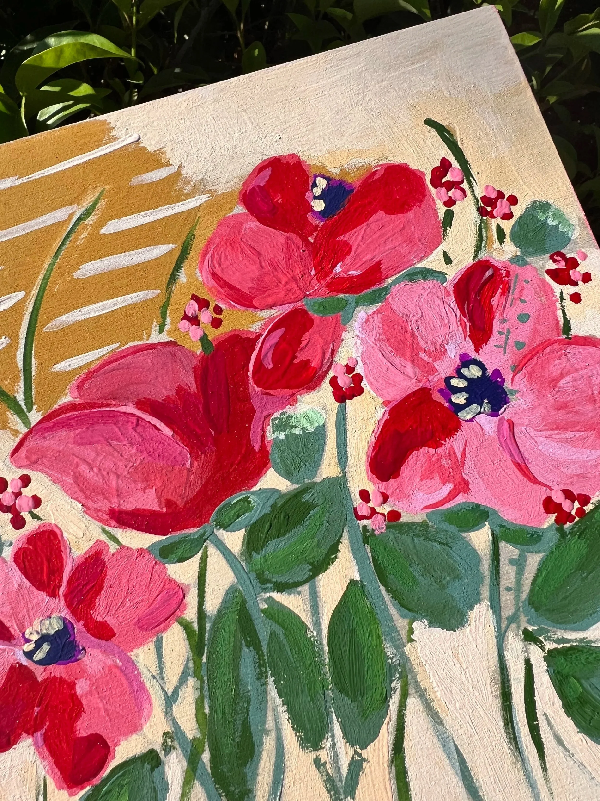 Original floral painting inspired by Claude Monet's Giverny garden, featuring vibrant coral and pink poppies with deep purple centers.
