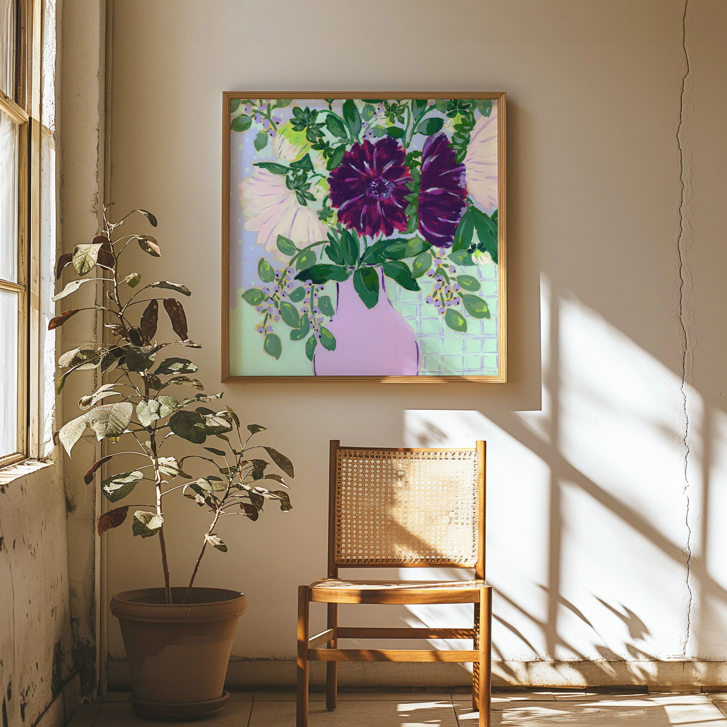 Original floral painting inspired by weekly fresh flowers in the studio. Striking, moody with a stunning green and purple color combination accompanied of a patterned background.