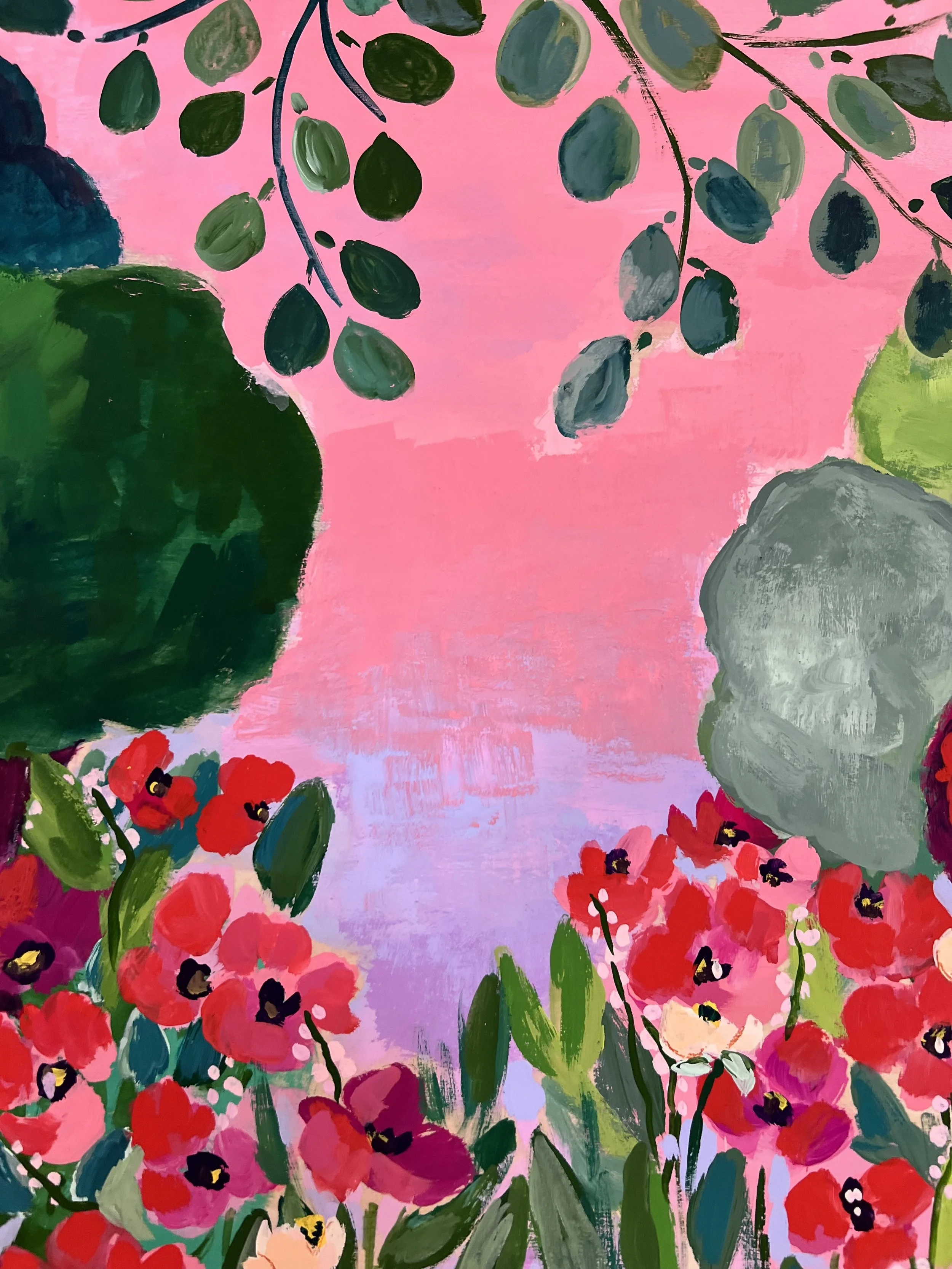 Vibrant painting capturing the enchanting beauty of Claude Monet's garden in Giverny, where brilliant red poppies bloom beneath graceful branches against a dreamy pink sky.