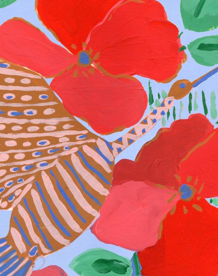 Fine Art Print, Tropical Bird flying, wild hibiscus and poppies, Vibrant tropical scene