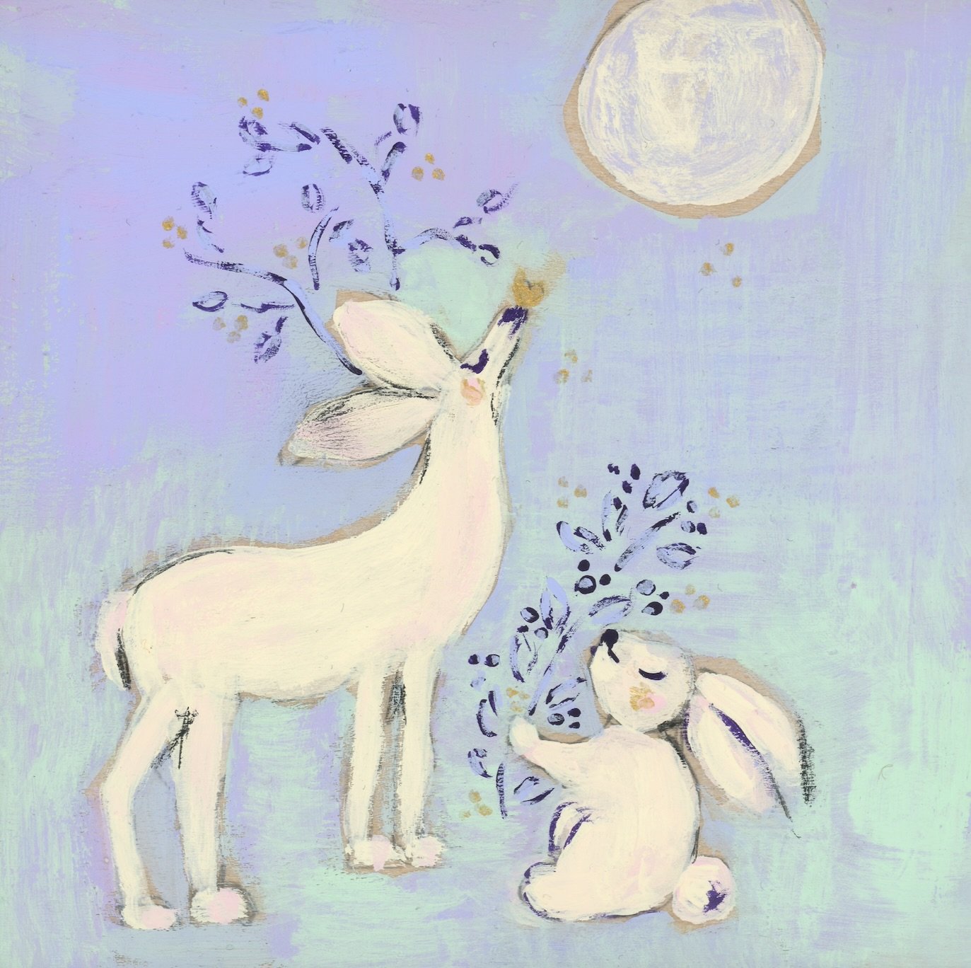 A deer and a bunny, and mink gather peacefully under a glowing Supermoon. Part of December 2025 mini-series exploring animals' celestial connection and quiet communion with the night sky.