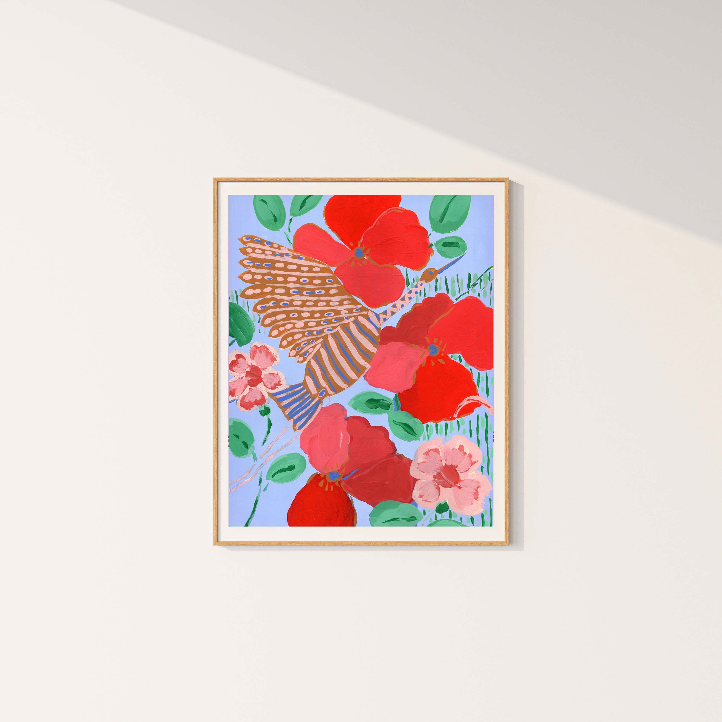Fine Art Print, Tropical Bird flying, wild hibiscus and poppies, Vibrant tropical scene