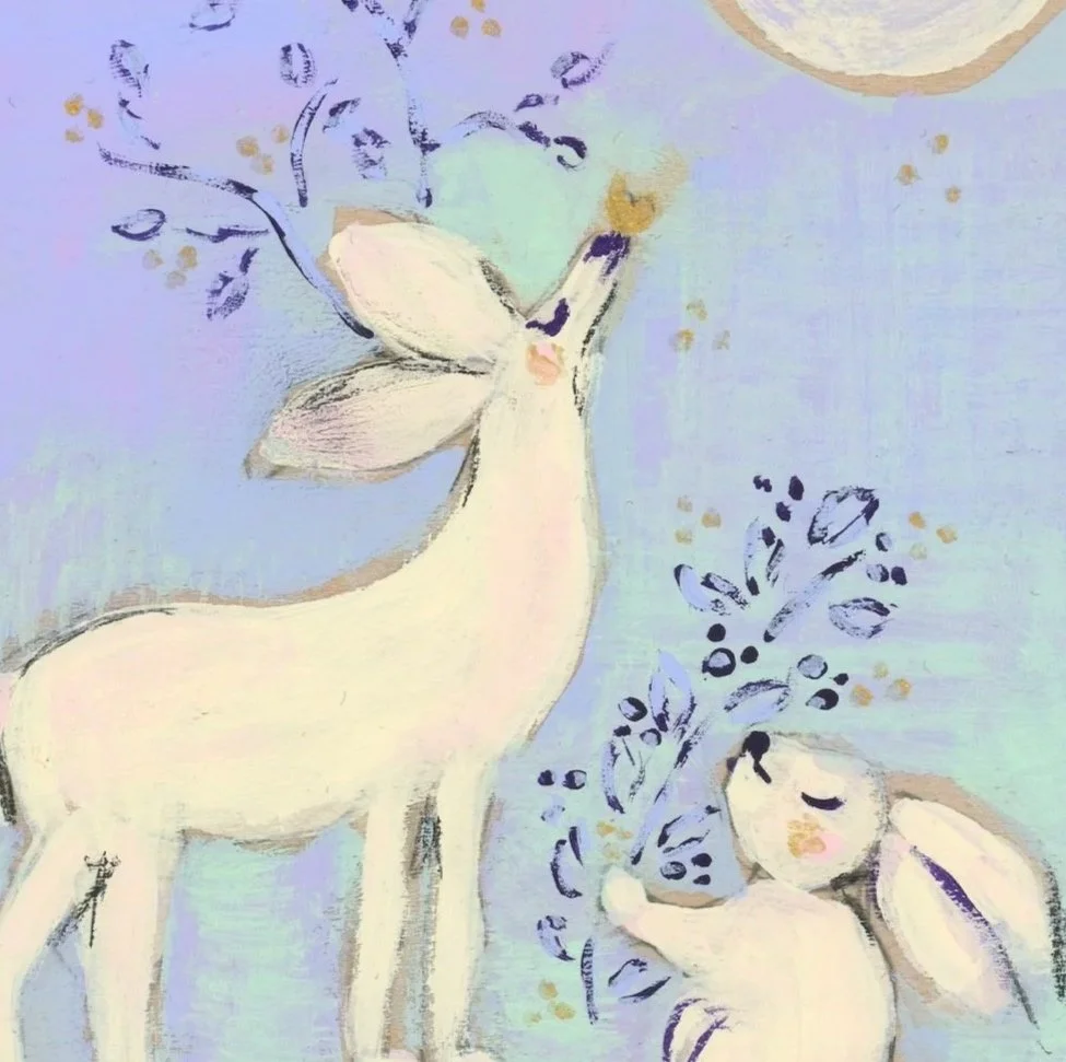 A deer and a bunny, and mink gather peacefully under a glowing Supermoon. Part of December 2025 mini-series exploring animals' celestial connection and quiet communion with the night sky.