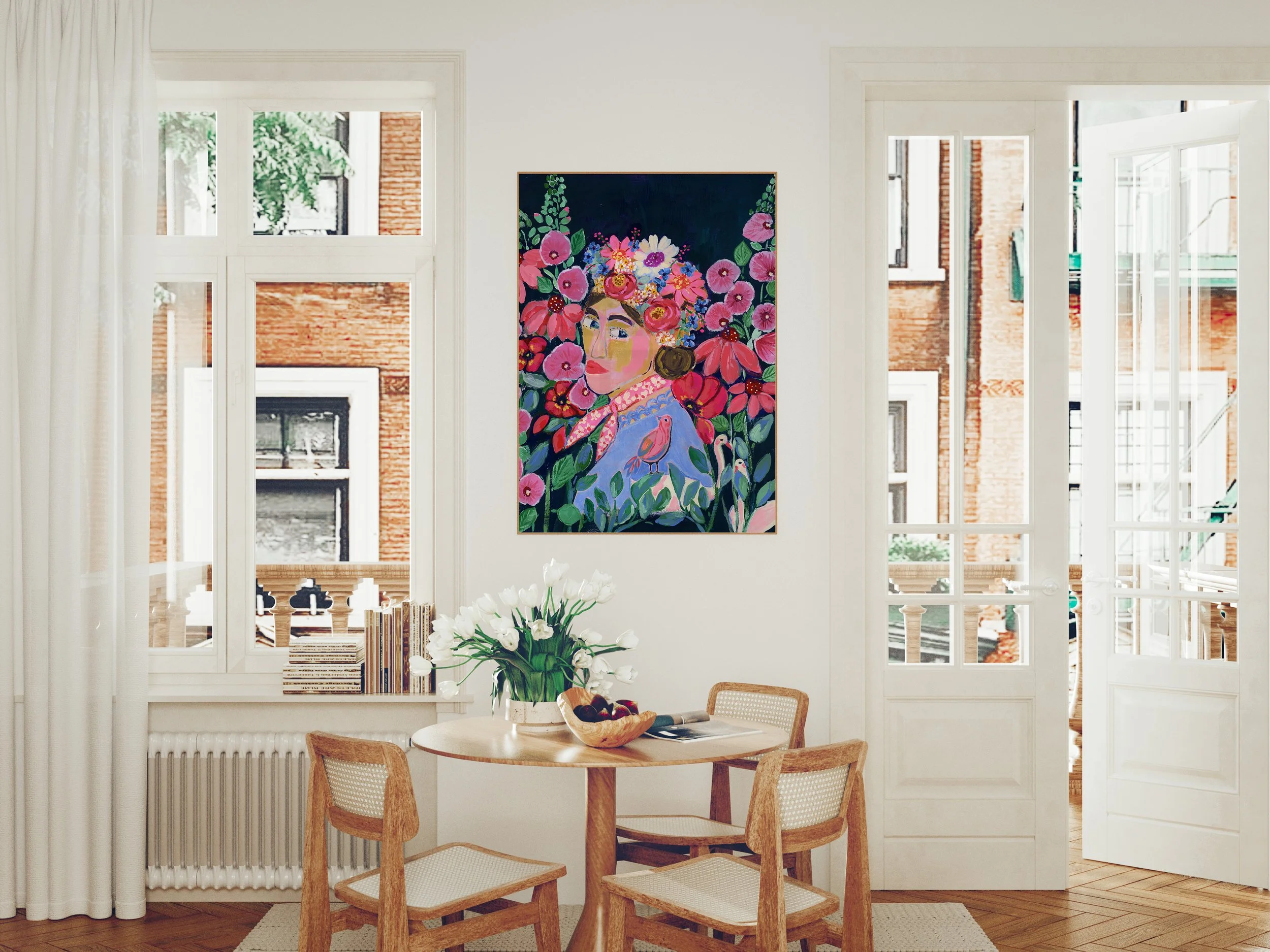 My Frida — a fine art print in simple frame, with a lovely women looking at you. She is wearing a flower crown and surrounded but lush flowers and darling animals like 2 swans and a birds.