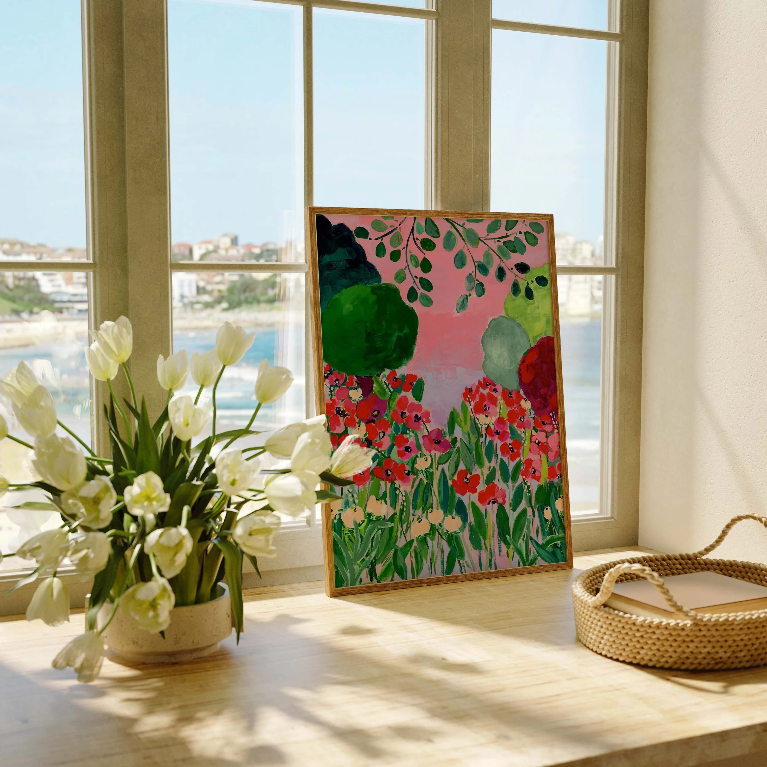 Vibrant art print capturing the enchanting beauty of Claude Monet's garden in Giverny, where brilliant red poppies bloom beneath graceful branches against a dreamy pink sky.