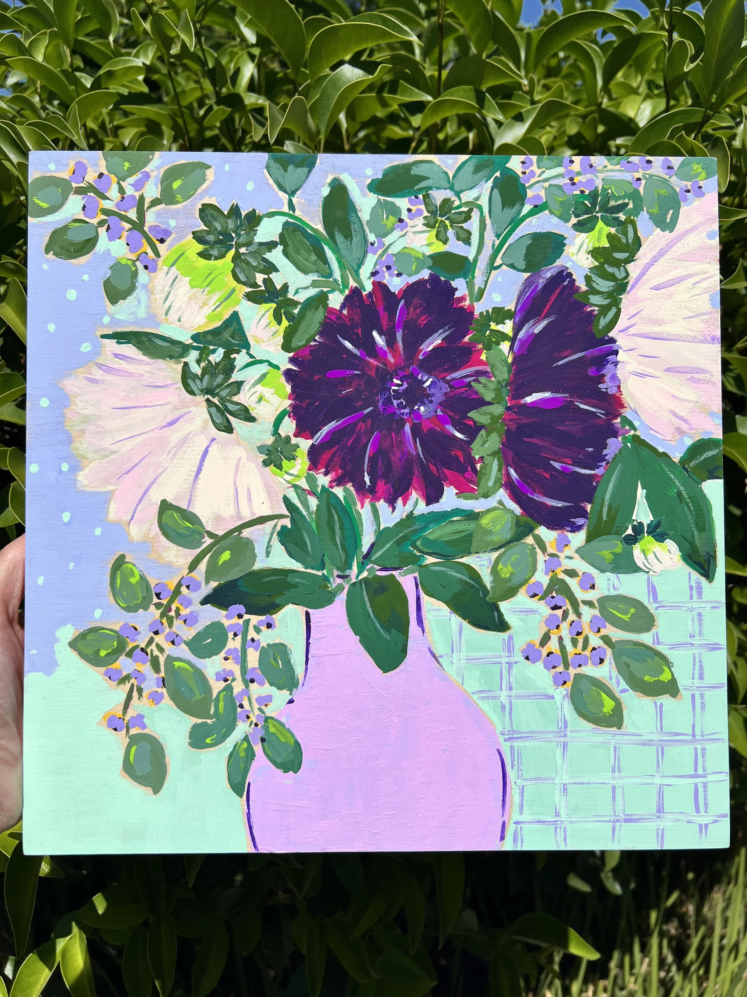 Original floral painting inspired by weekly fresh flowers in the studio. Striking, moody with a stunning green and purple color combination accompanied of a patterned background.