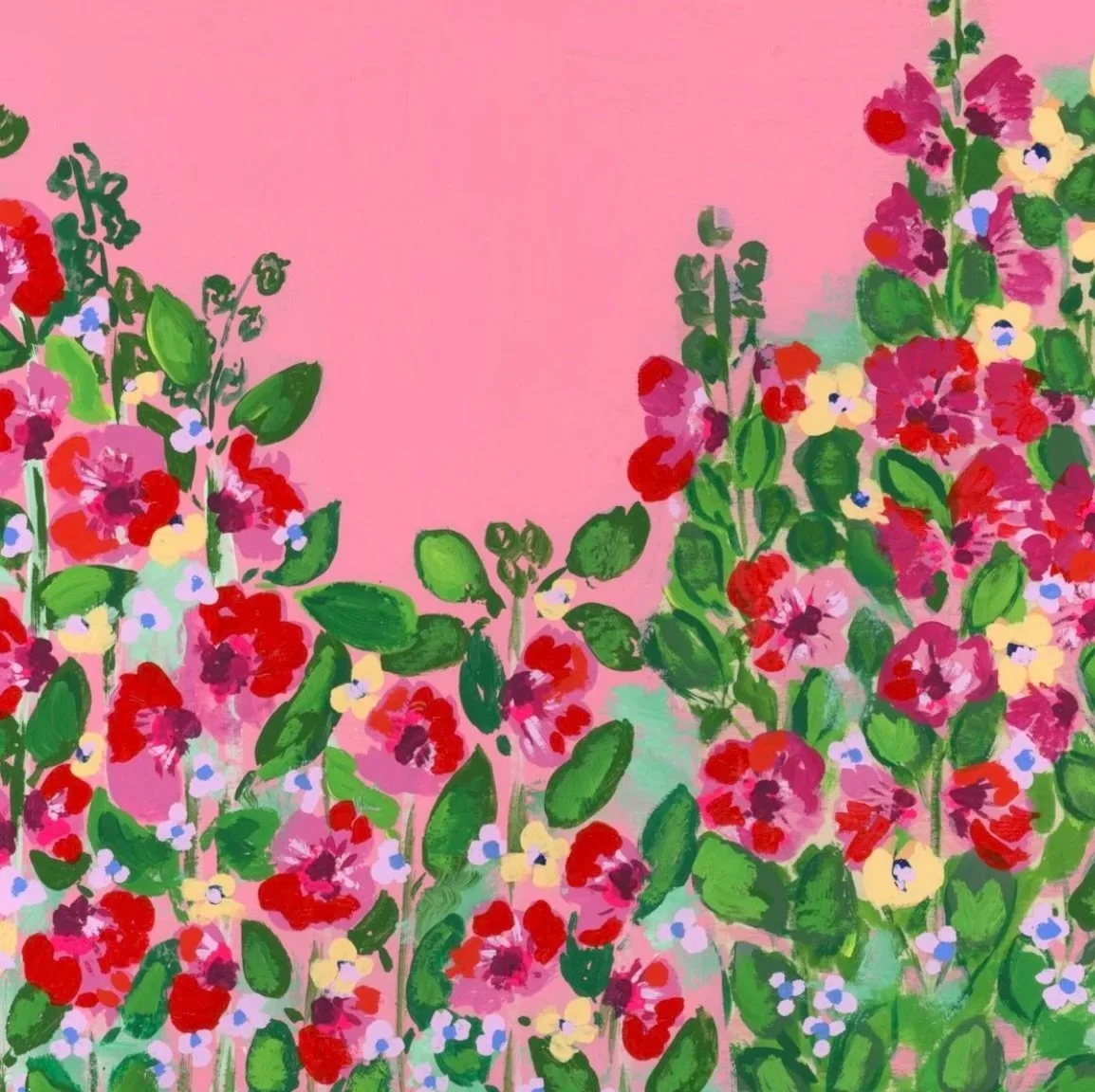 Vibrant hollyhocks painting featuring red, pink, and yellow blooms with lush green foliage against a soft pink background, capturing the joyful essence of an English spring garden in full bloom.