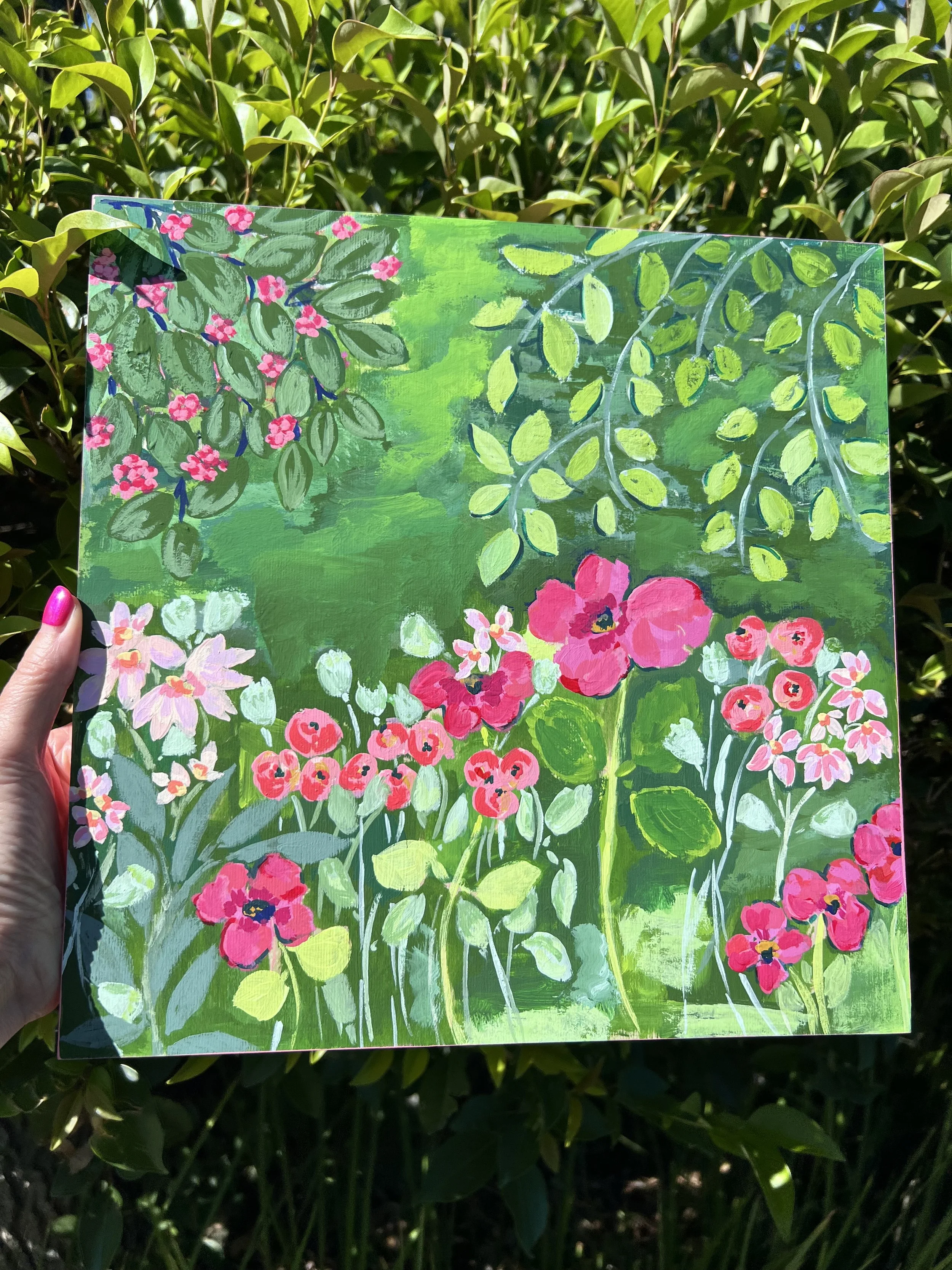 Original floral painting inspired by Claude Monet's garden featuring lush green foliage with cascading branches, pink and coral wildflowers, and a background in various shades of green.