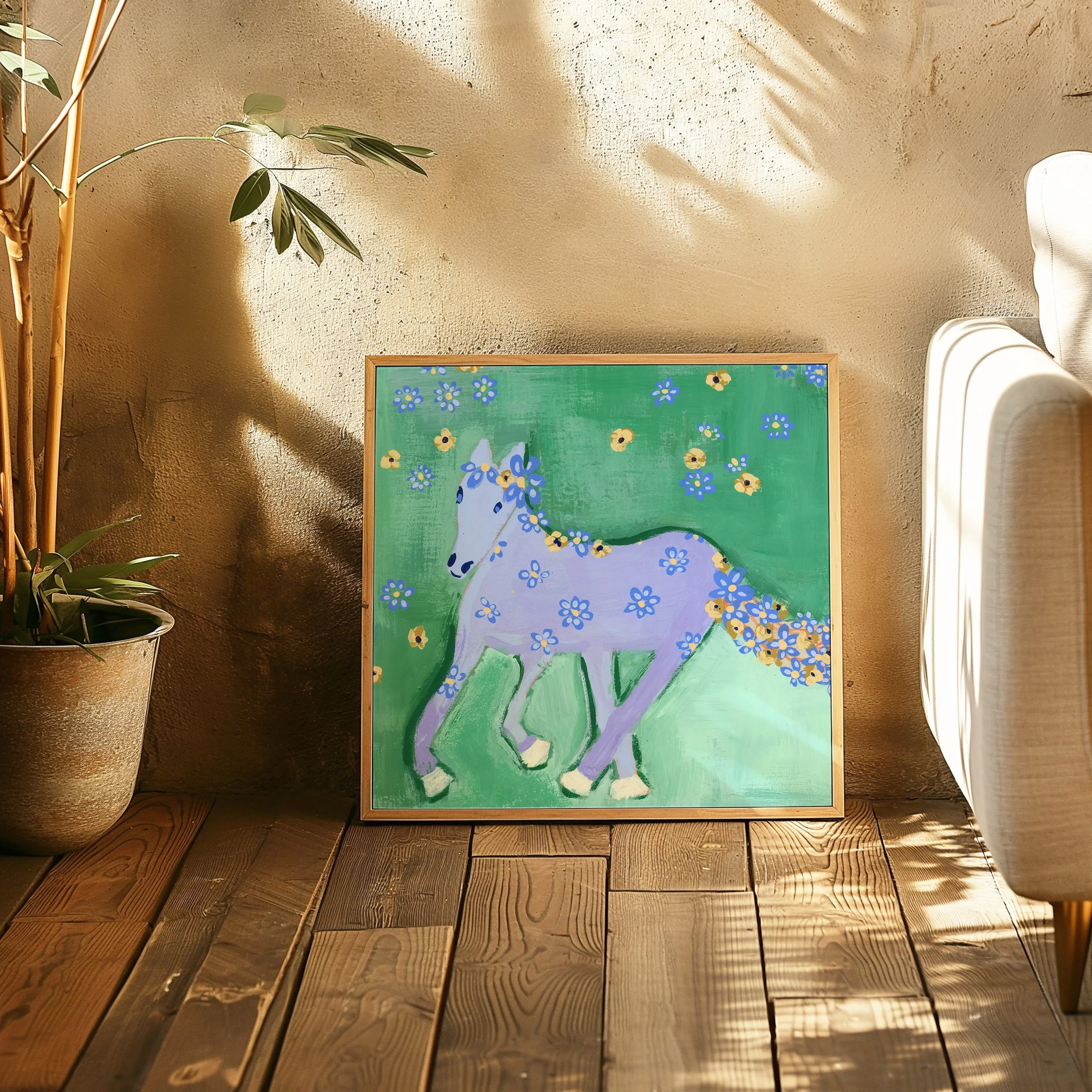 Wild and Free art print in tall frame in living room, a dreamy lavender horse covered in flowers, roaming free on a lush green field in a delish background details. A lunar year staple.
