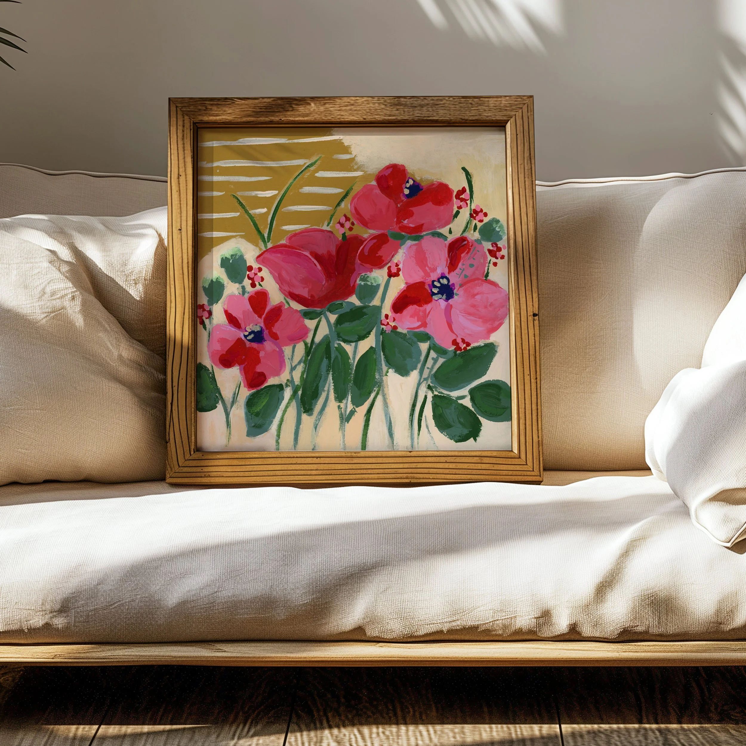 Original floral fine art print inspired by Claude Monet's Giverny garden, featuring vibrant coral and pink poppies with deep purple centers.