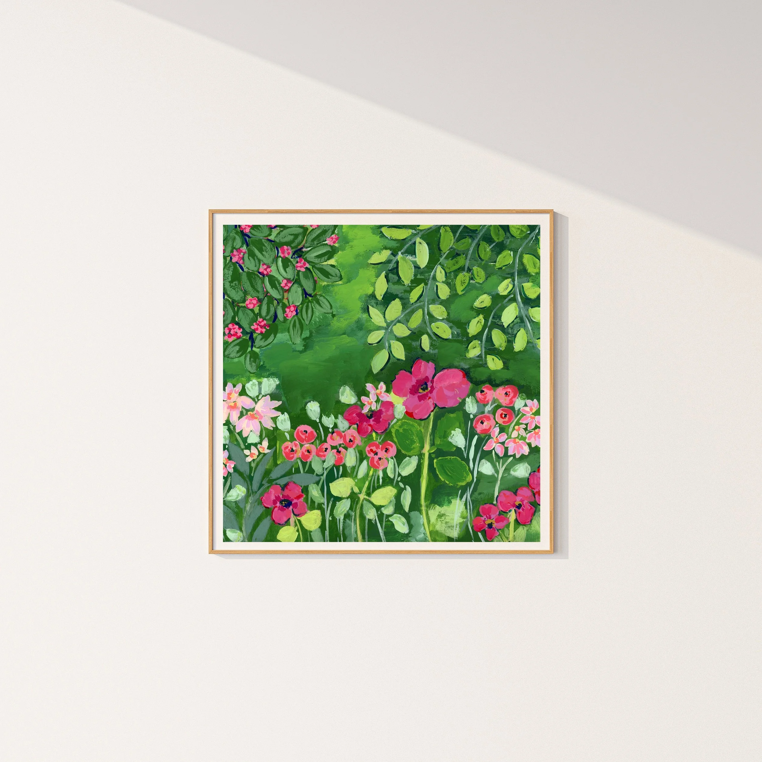 Original floral art print inspired by Claude Monet's garden featuring lush green foliage with cascading branches, pink and coral wildflowers, and a background in various shades of green.