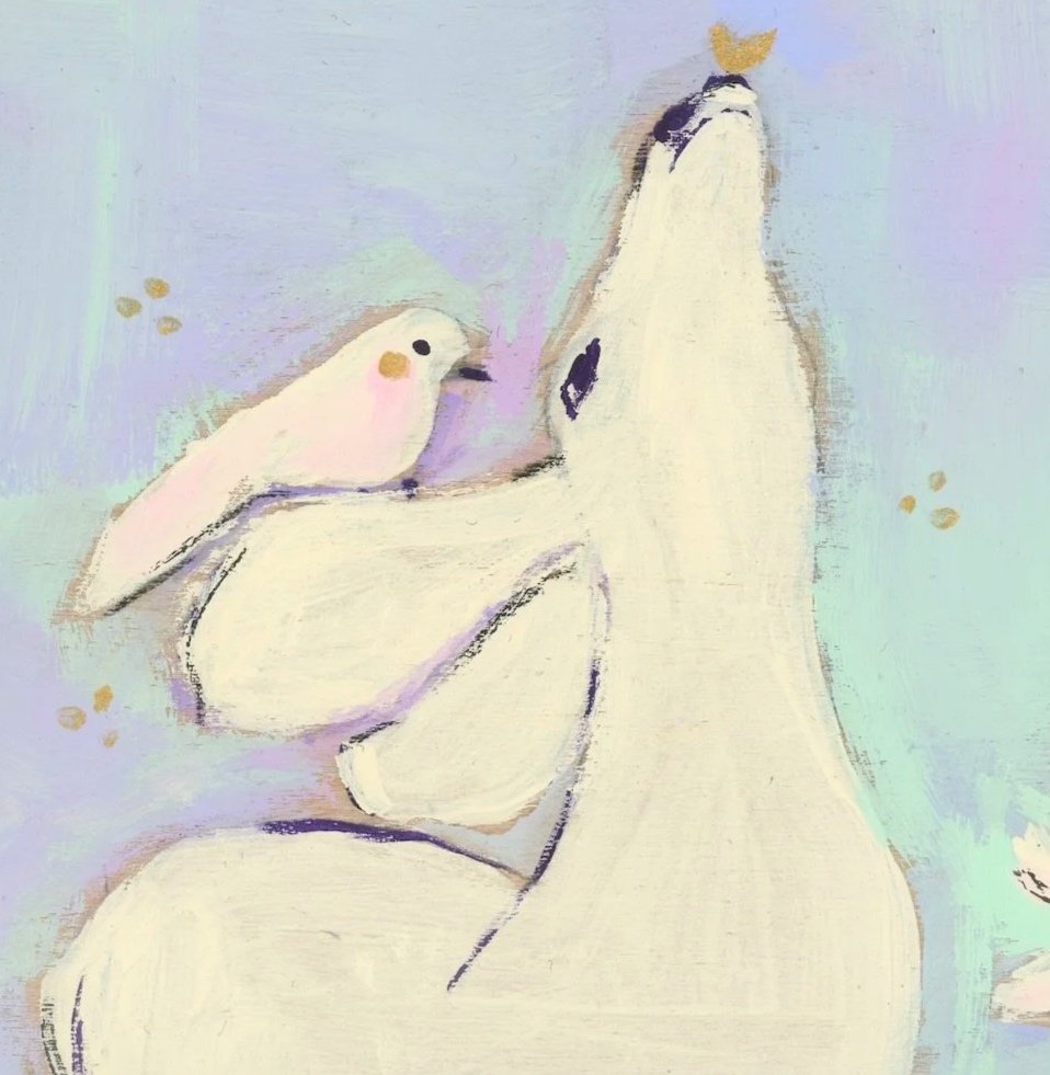 A deer, bunny, and bird gather peacefully under a glowing Supermoon. Part of December 2025 mini-series exploring animals' celestial connection and quiet communion with the night sky.