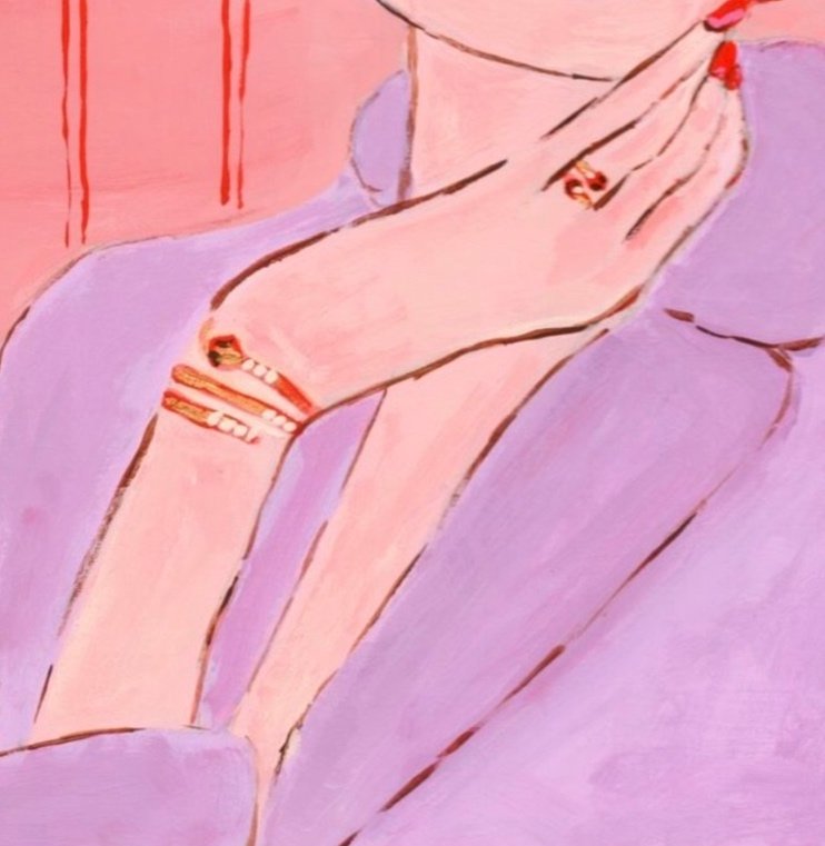 Modern fashion illustration, woman with purple hat, matching jacket. Bold red lips, manicured hand, elegant contemporary feminine, minimalism vibrant portrait.