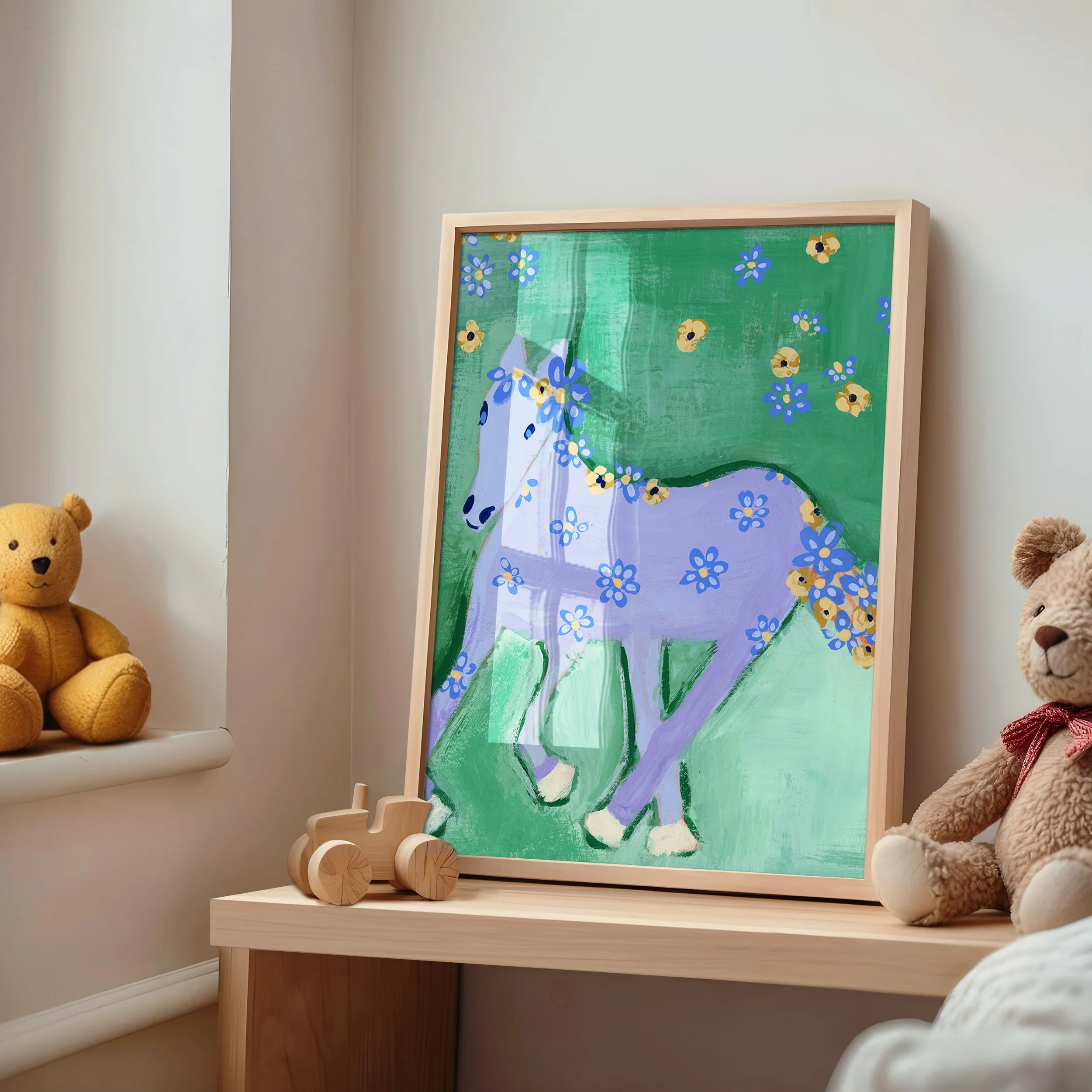Wild and Free art print in tall frame in a nursery, a dreamy lavender horse covered in flowers, roaming free on a lush green field in a delish background details. A lunar year staple.