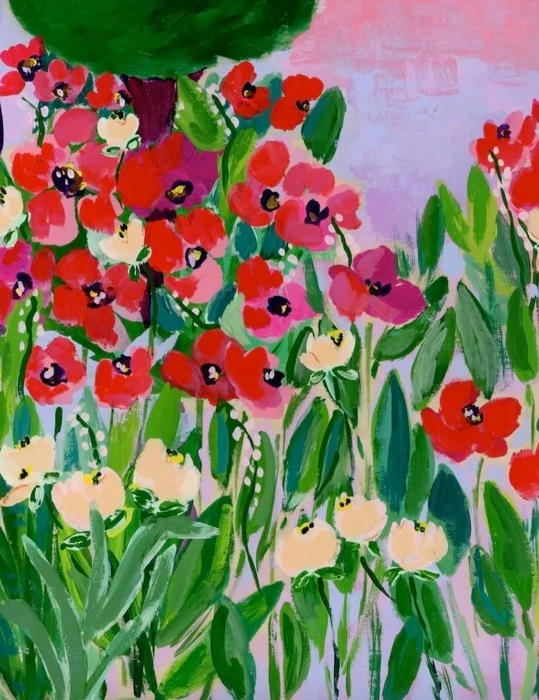 Vibrant art print capturing the enchanting beauty of Claude Monet's garden in Giverny, where brilliant red poppies bloom beneath graceful branches against a dreamy pink sky.