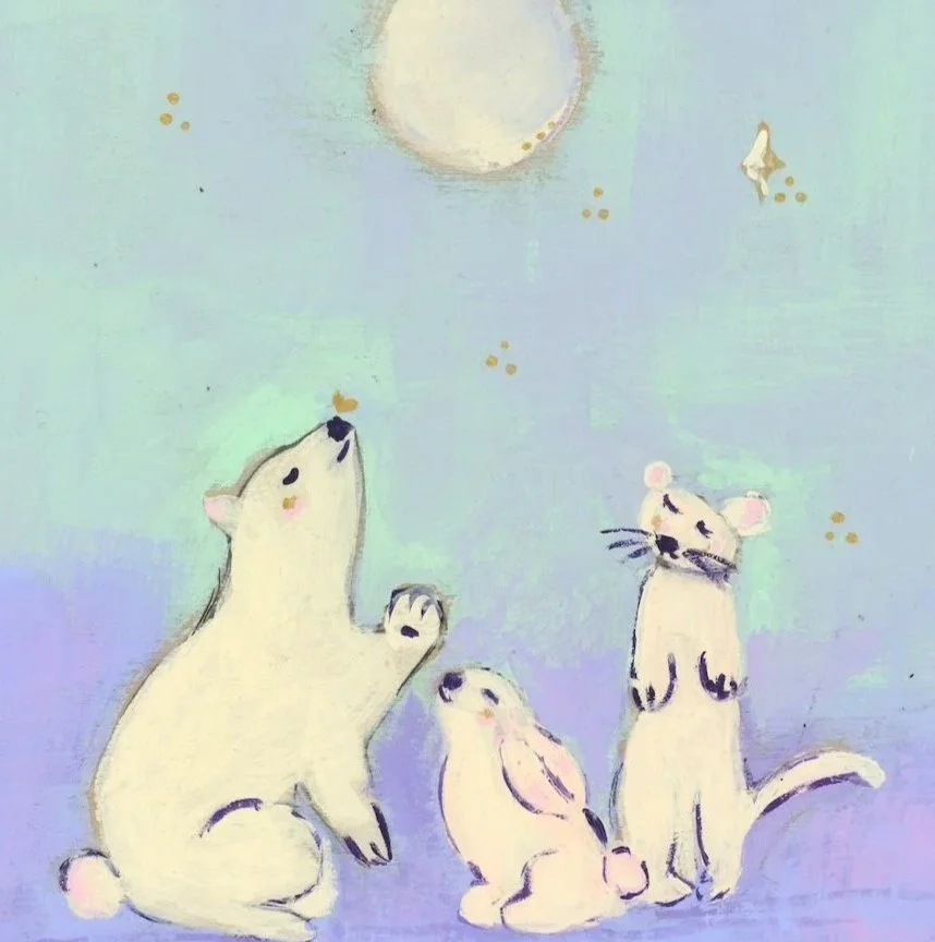 Bear, bunny, and mink in peaceful communion under December 2025's Supermoon. Mini-series celebrating animals' connection to celestial elements.