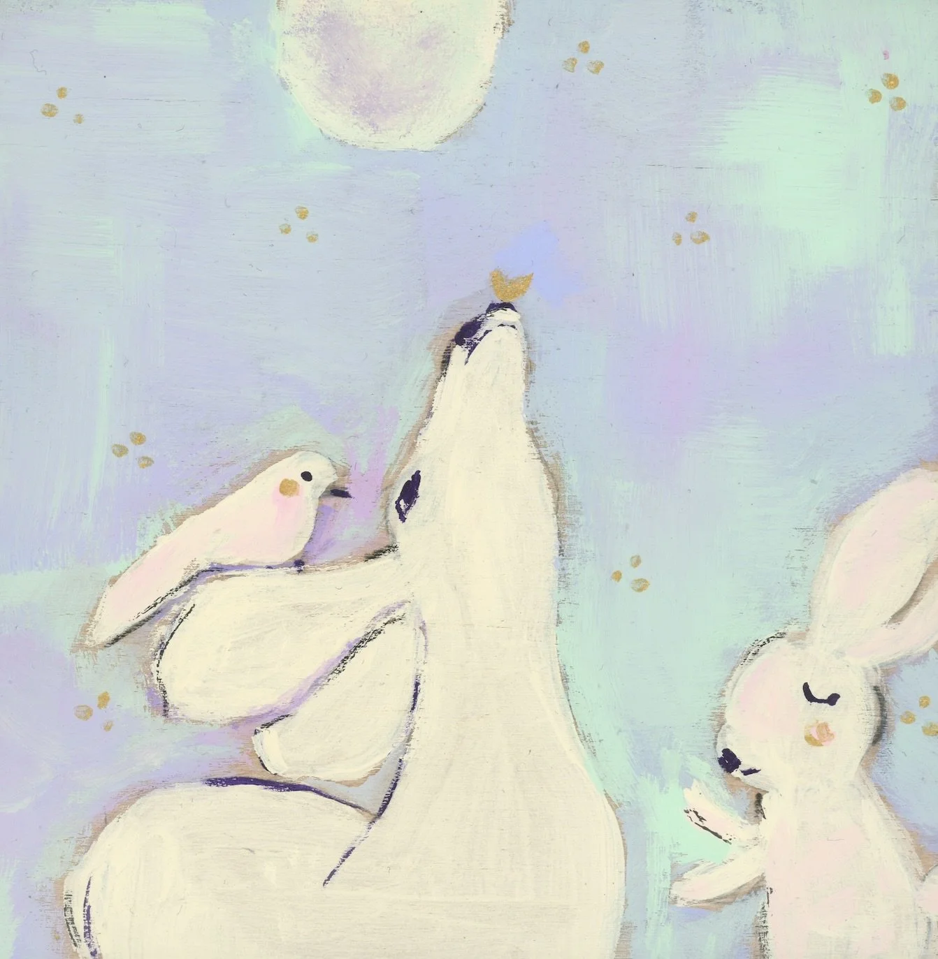 A deer, bunny, and bird gather peacefully under a glowing Supermoon. Part of December 2025 mini-series exploring animals' celestial connection and quiet communion with the night sky.