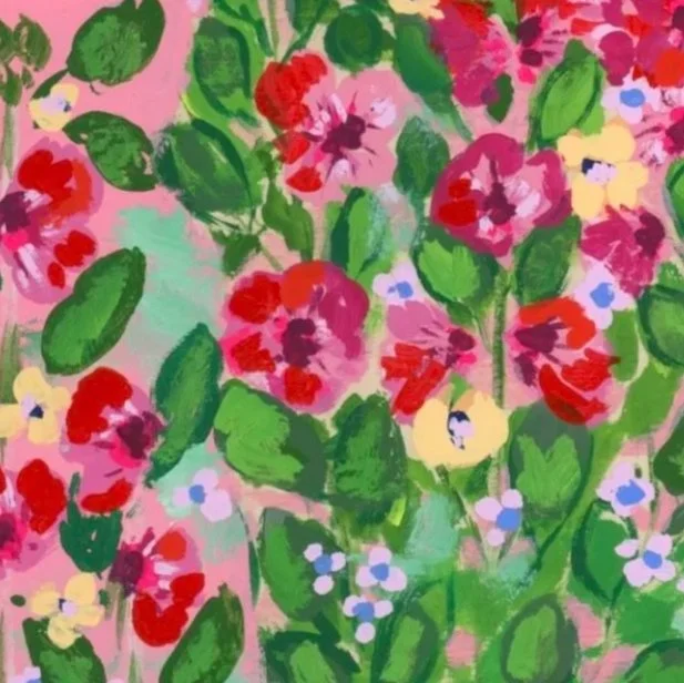 Vibrant hollyhocks painting featuring red, pink, and yellow blooms with lush green foliage against a soft pink background, capturing the joyful essence of an English spring garden in full bloom.