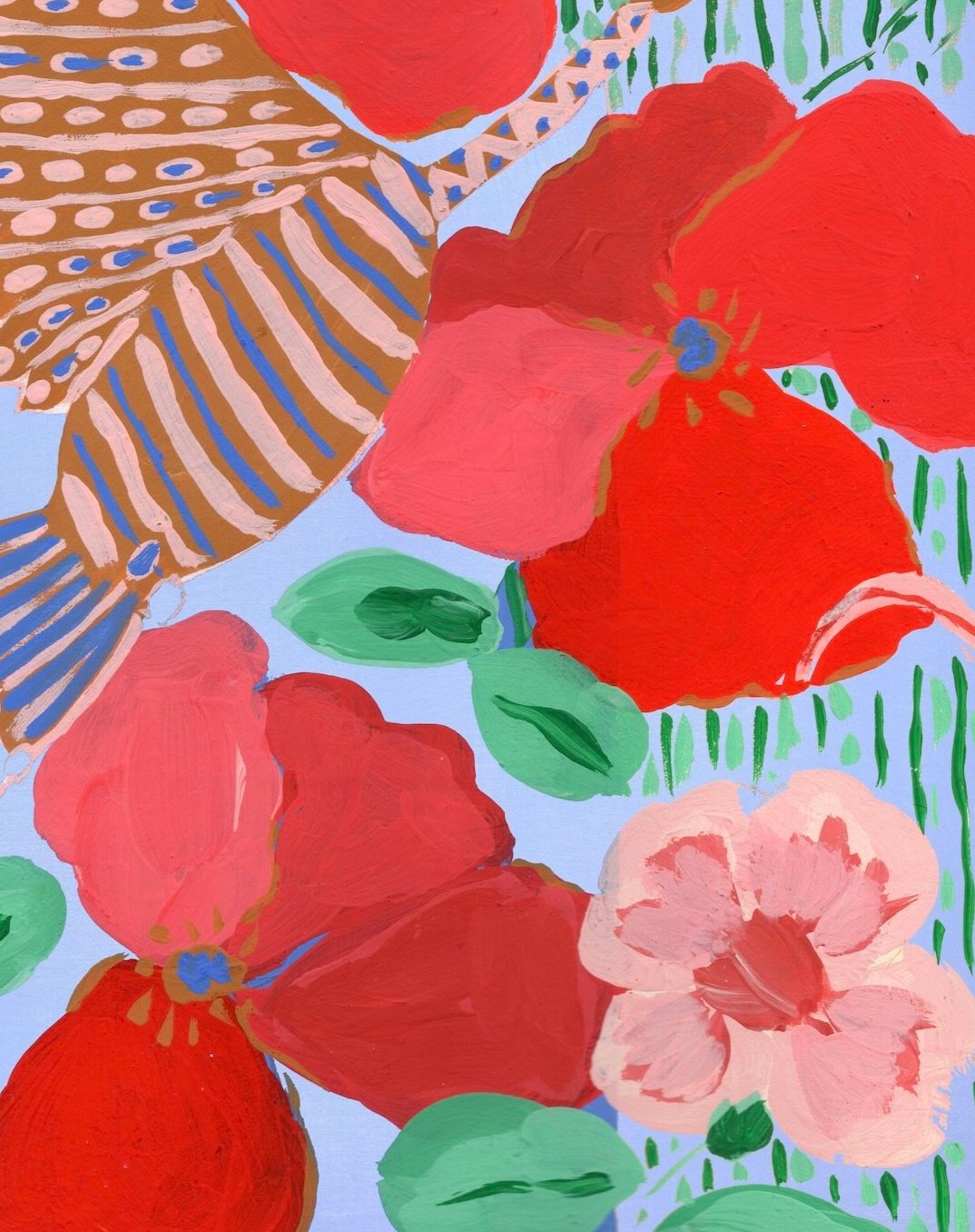 Fine Art Print, Tropical Bird flying, wild hibiscus and poppies, Vibrant tropical scene