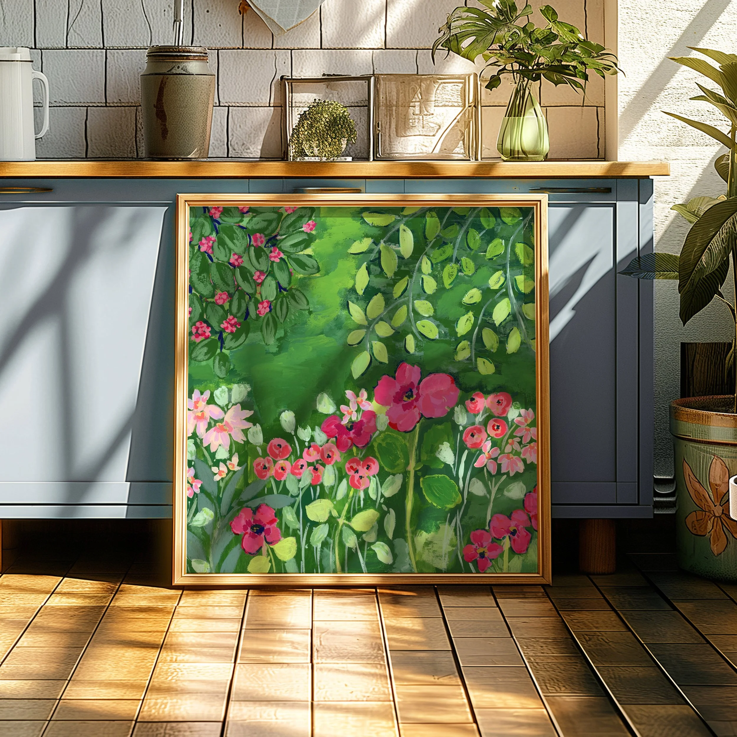 Original floral art print inspired by Claude Monet's garden featuring lush green foliage with cascading branches, pink and coral wildflowers, and a background in various shades of green.