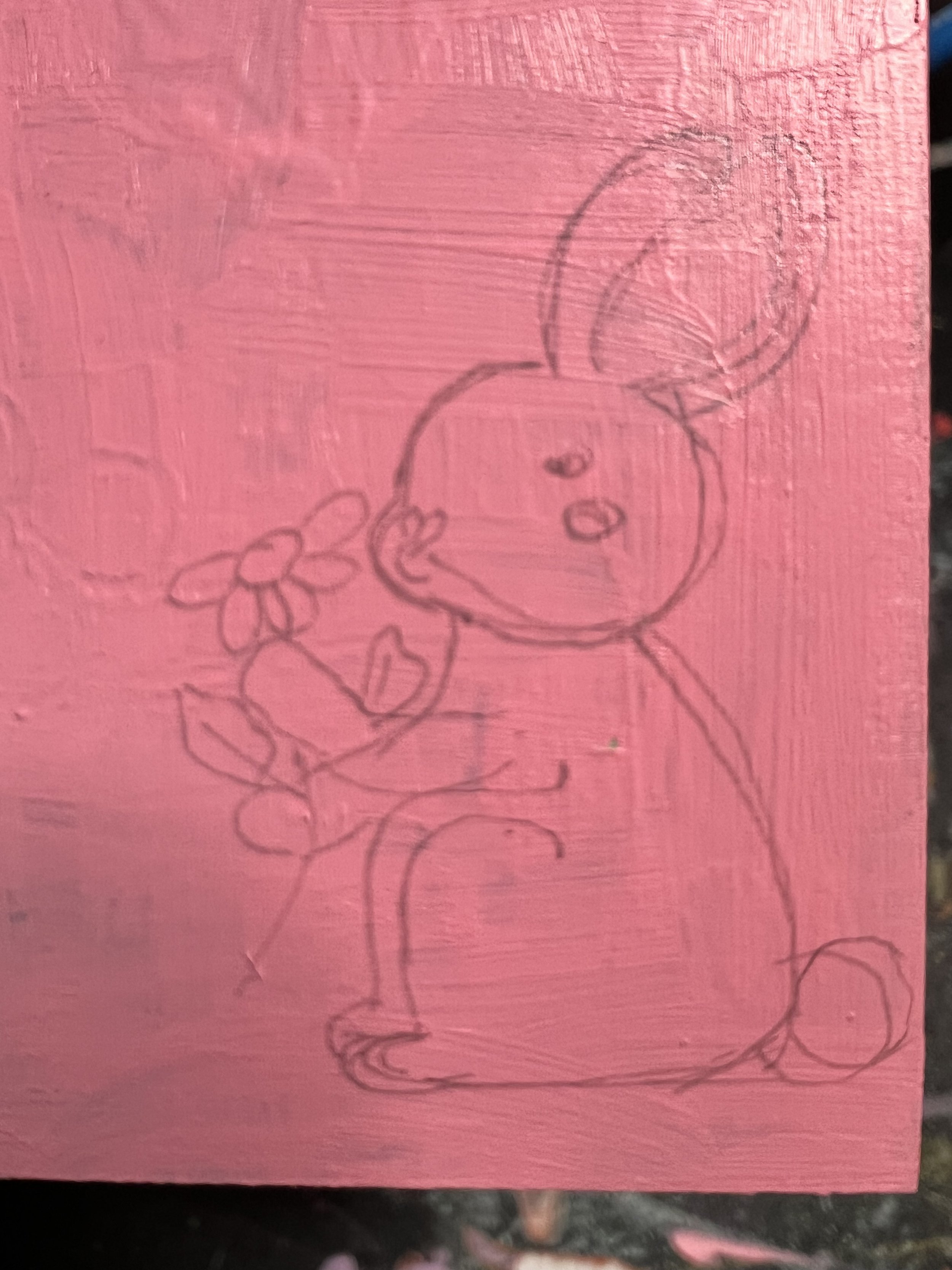 Charming piece featuring a bunny surrounded by flowers, painted over an abstract background. Perfect for nurseries, children's rooms, or anyone who loves whimsical art with character.