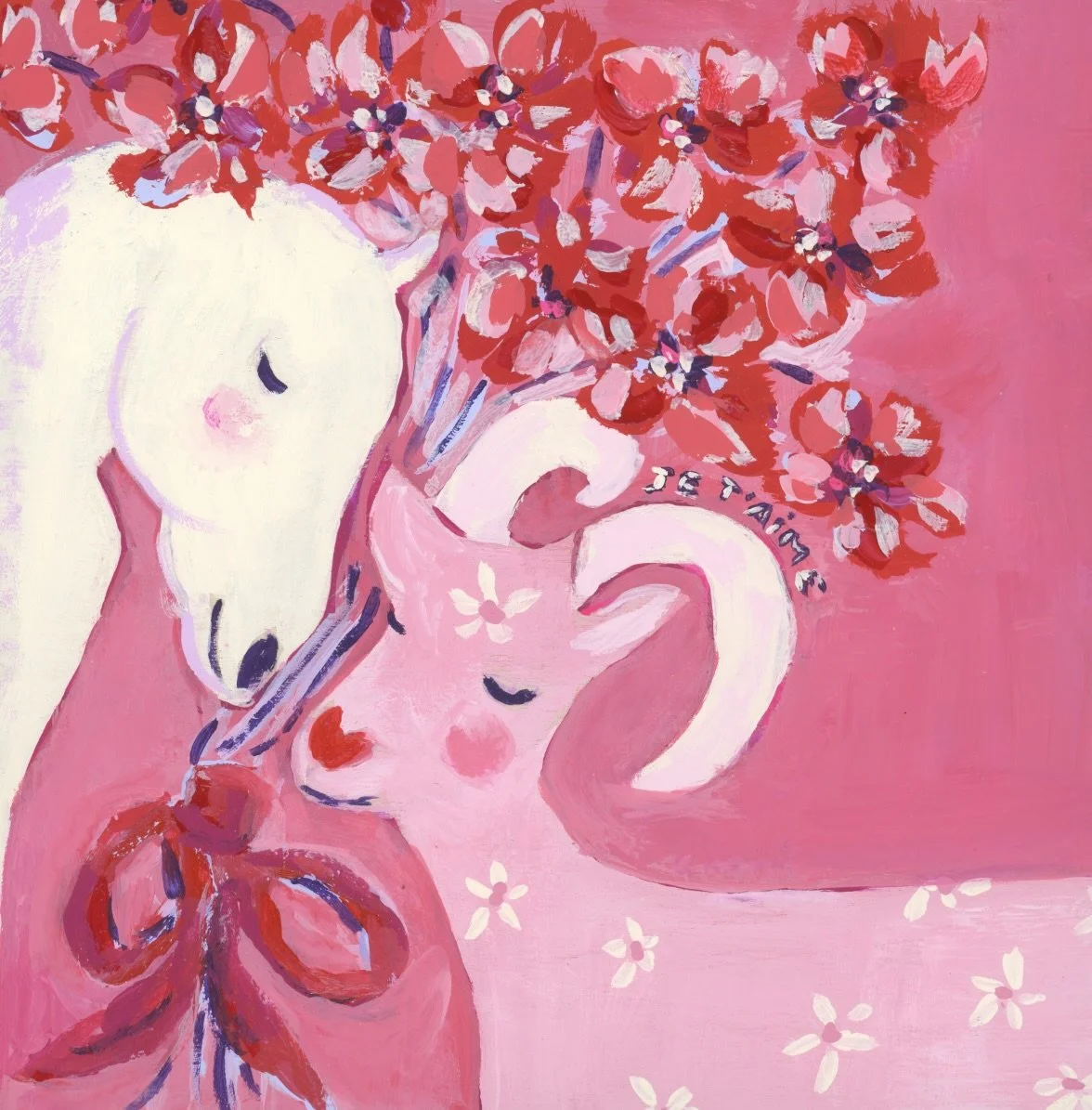 Je t'aime fine art print. A white horse and pink goat in tender embrace, crowned with red blossoms. Created for the Lunar New Year to celebrate love's ability to transcend all boundaries.