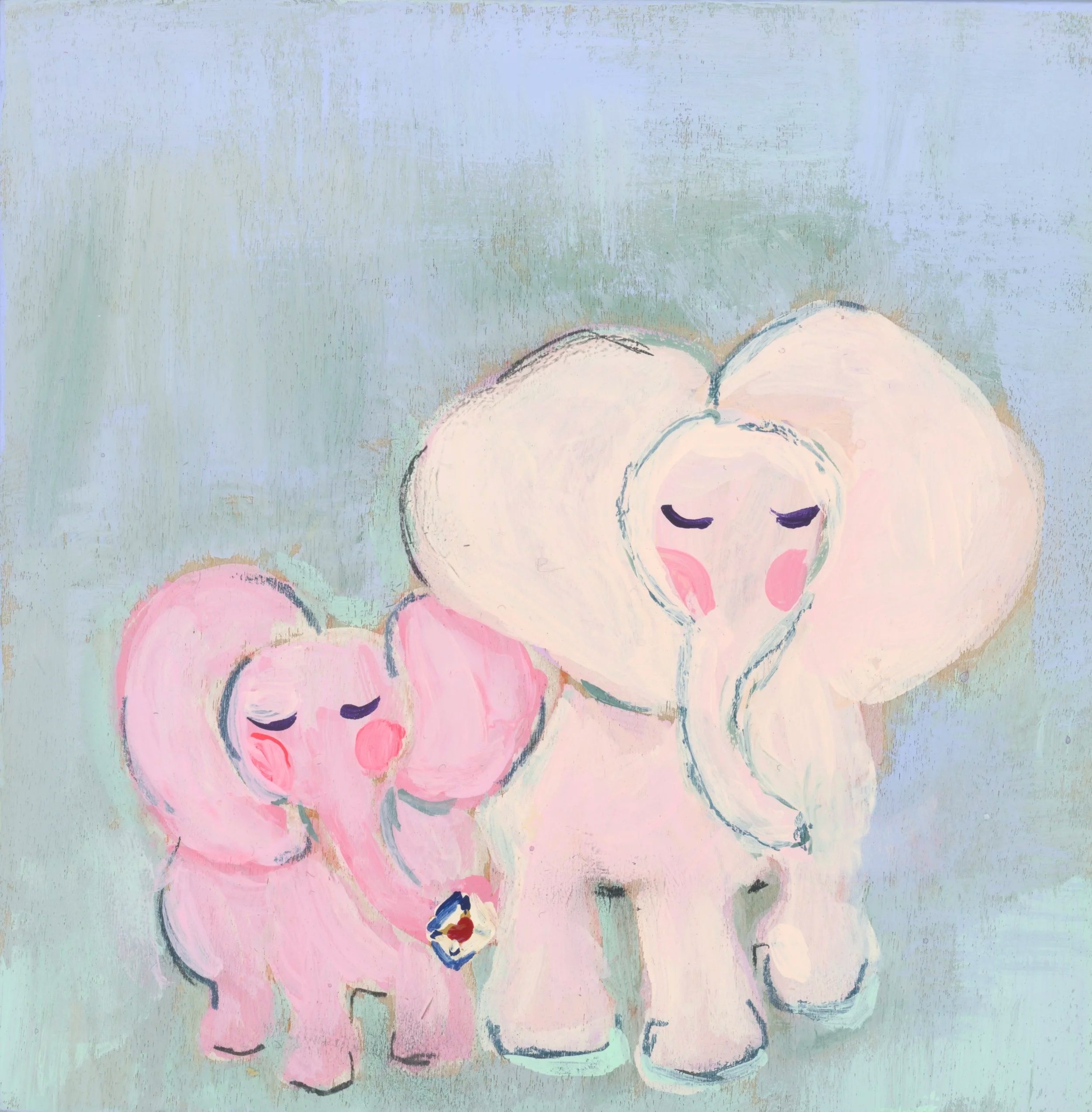 Fine Art Print. Together Always, is a tender elephant duo painted in the softest pinks and mints to bring peace and serenity with this petite artwork.