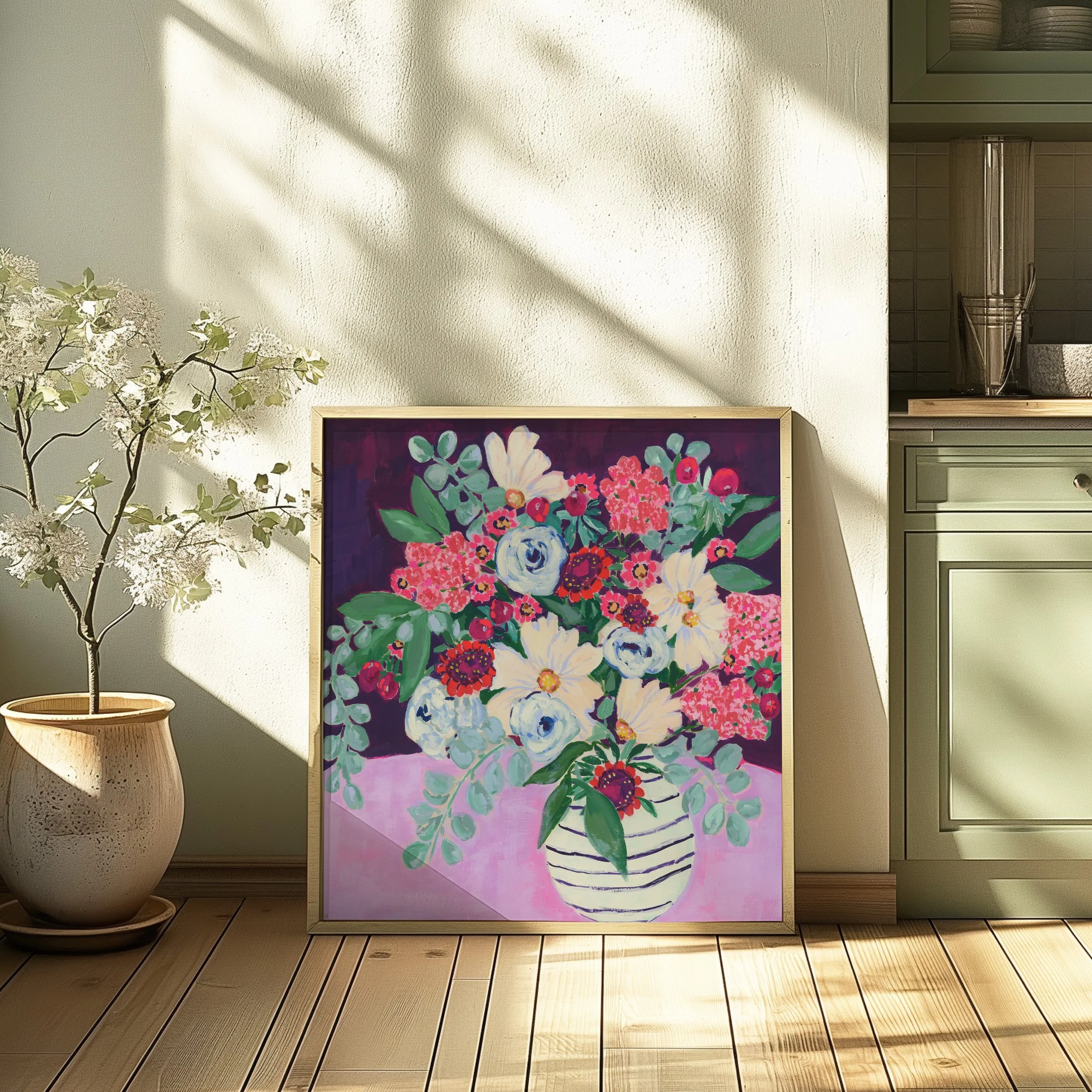Fine art print of exuberant joy of a freshly gathered bouquet. Lush white, soft blue, and clusters of bright pink florals in a charming striped vase.