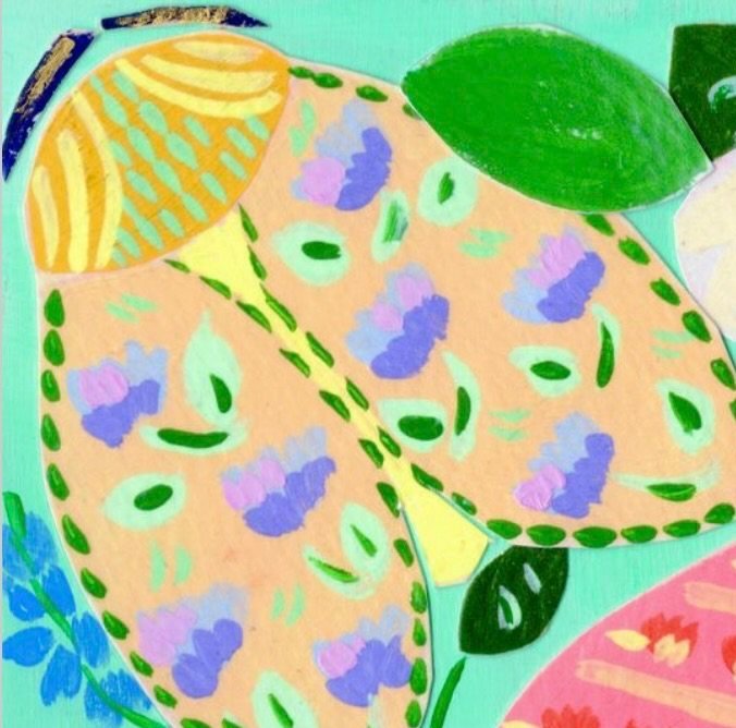 colorful moths and poppies from a collage artwork. mix of bright orange, green and blue contrast the joyful mint background. A California scene perfect for nursery and playroom