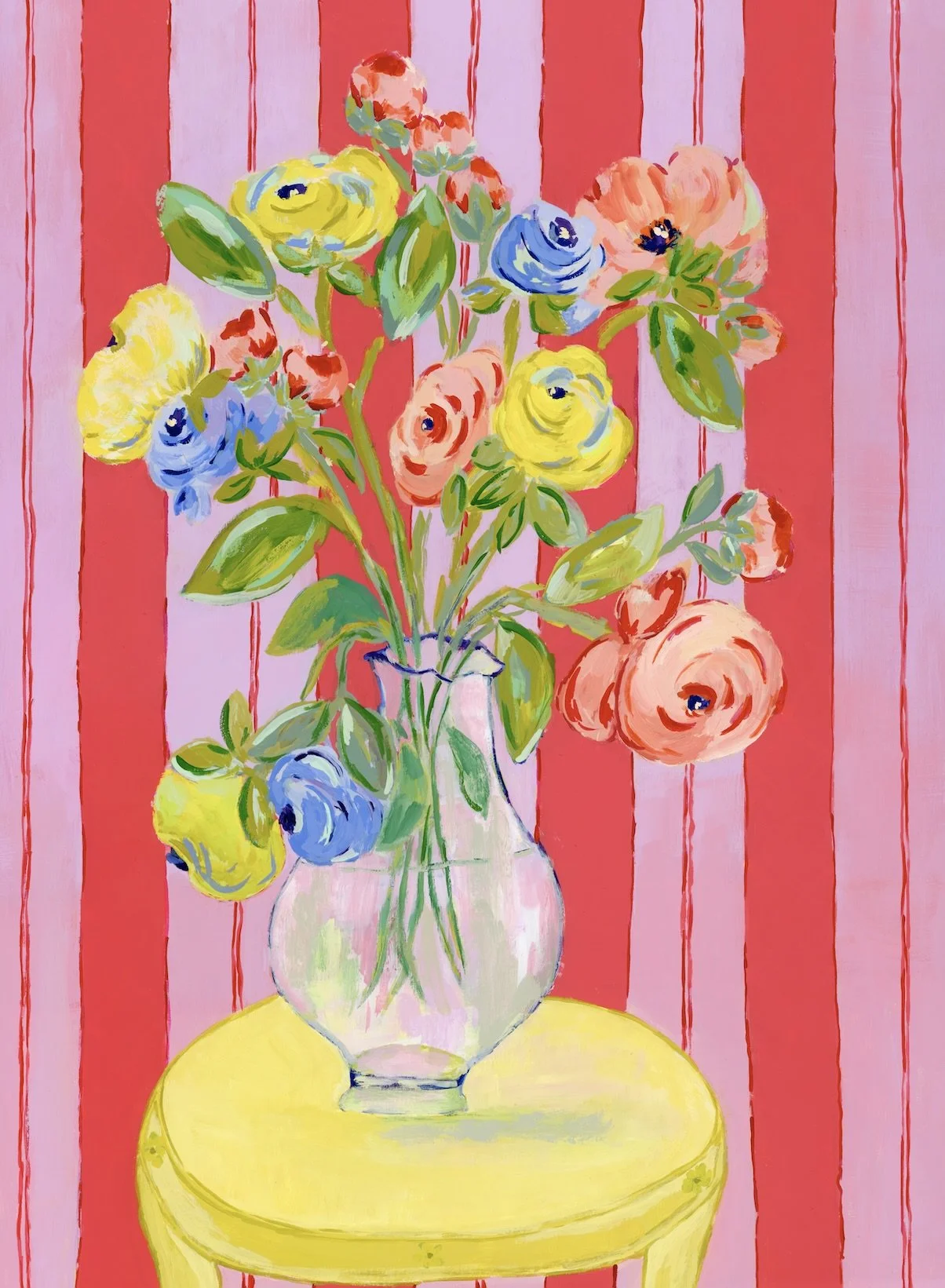 Grand Arrangement of a large bouquet of ranunculus in a transparent vase on bright yellow table. Red and lavender background.