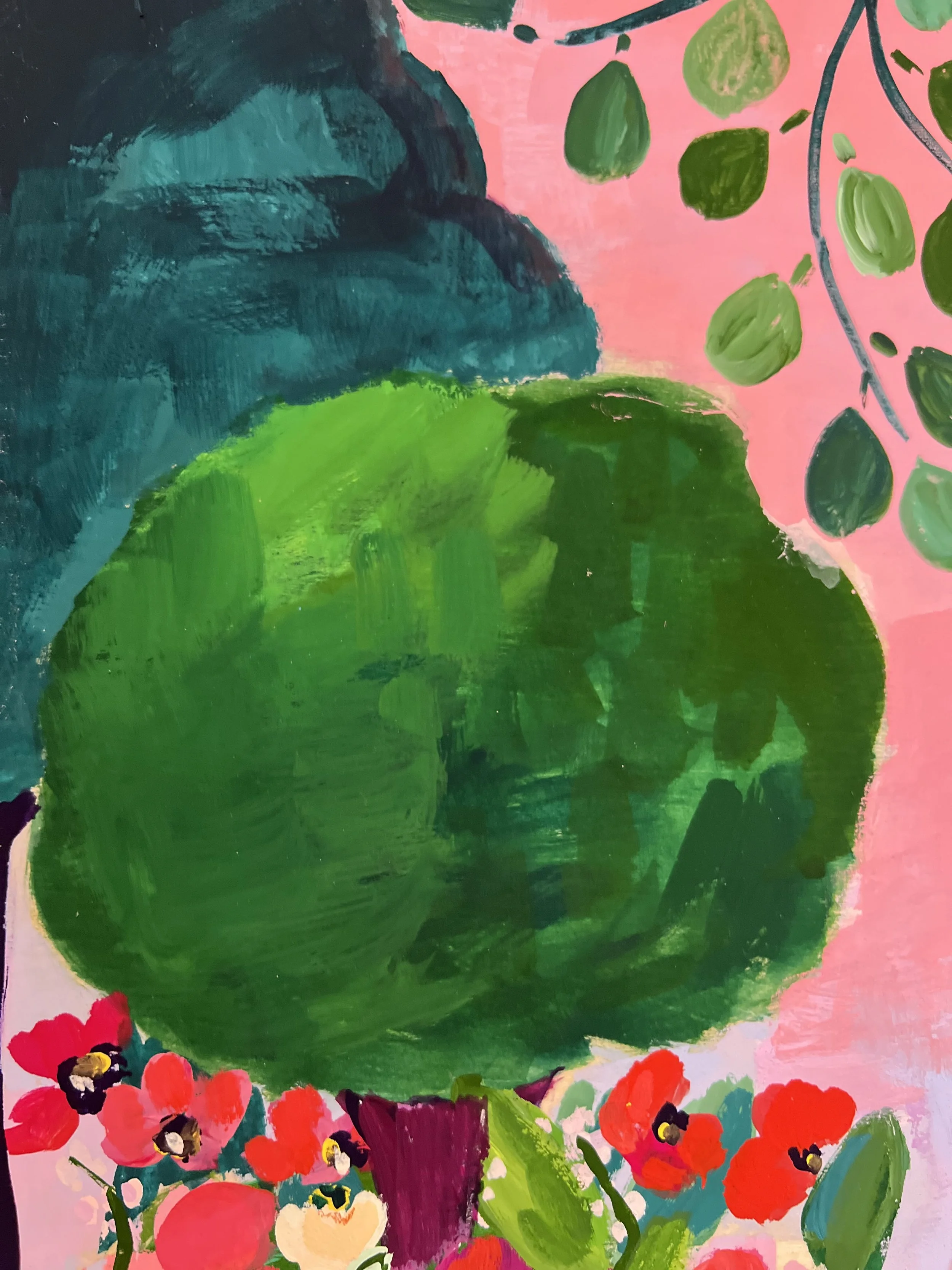Vibrant painting capturing the enchanting beauty of Claude Monet's garden in Giverny, where brilliant red poppies bloom beneath graceful branches against a dreamy pink sky.