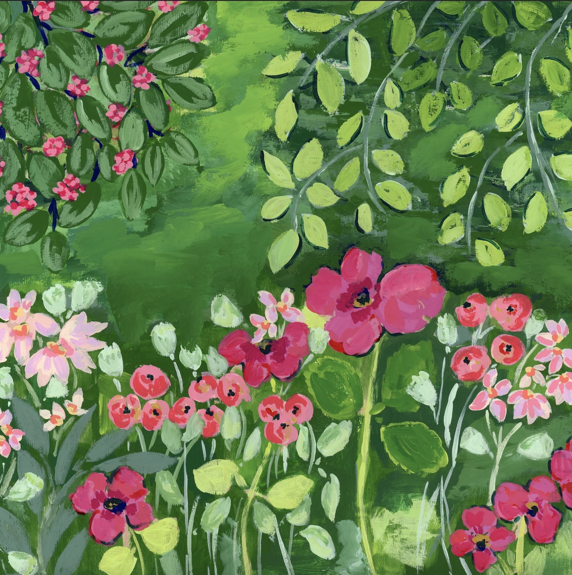 Original floral painting inspired by Claude Monet's garden featuring lush green foliage with cascading branches, pink and coral wildflowers, and a background in various shades of green.