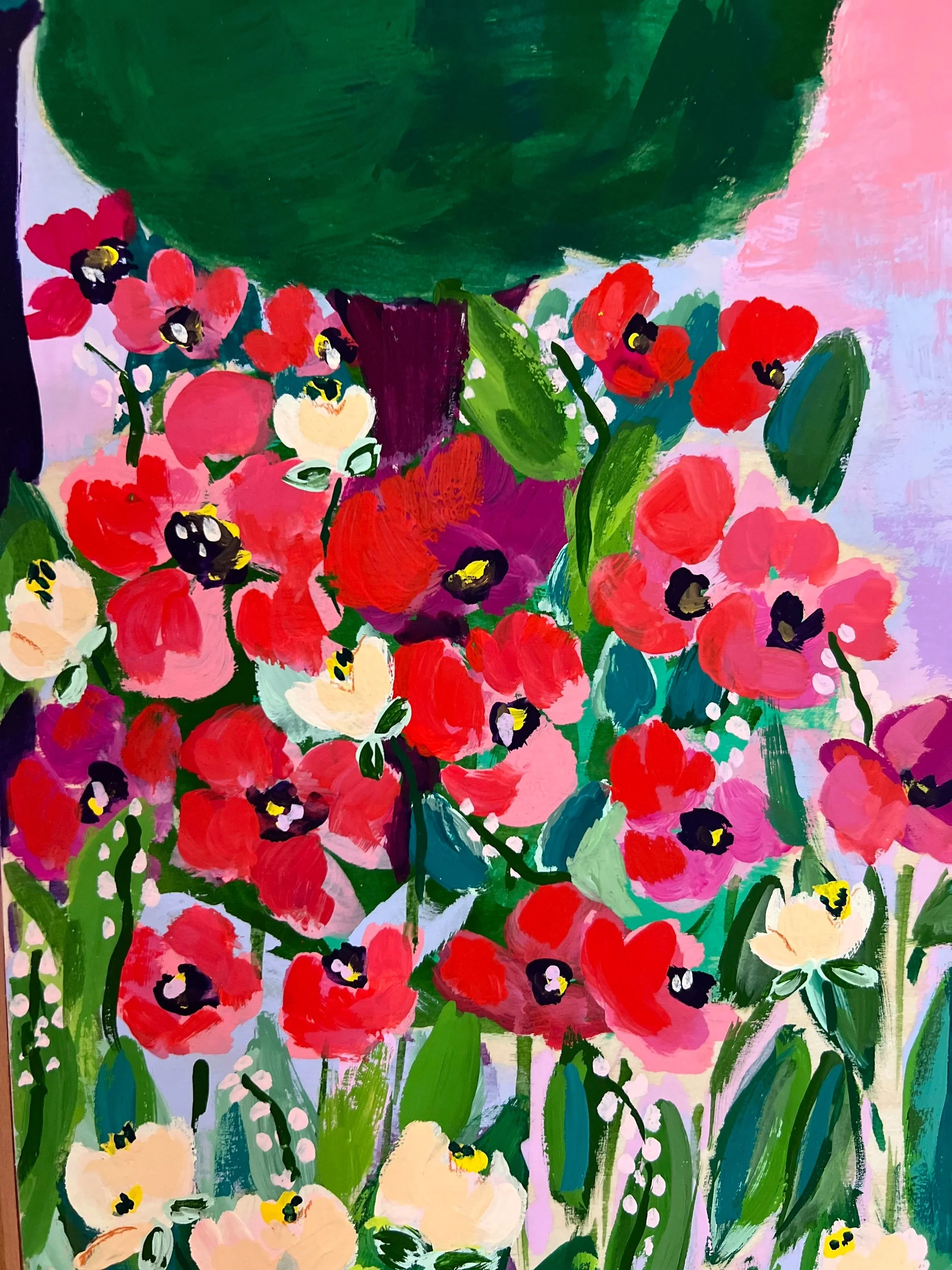 Vibrant painting capturing the enchanting beauty of Claude Monet's garden in Giverny, where brilliant red poppies bloom beneath graceful branches against a dreamy pink sky.