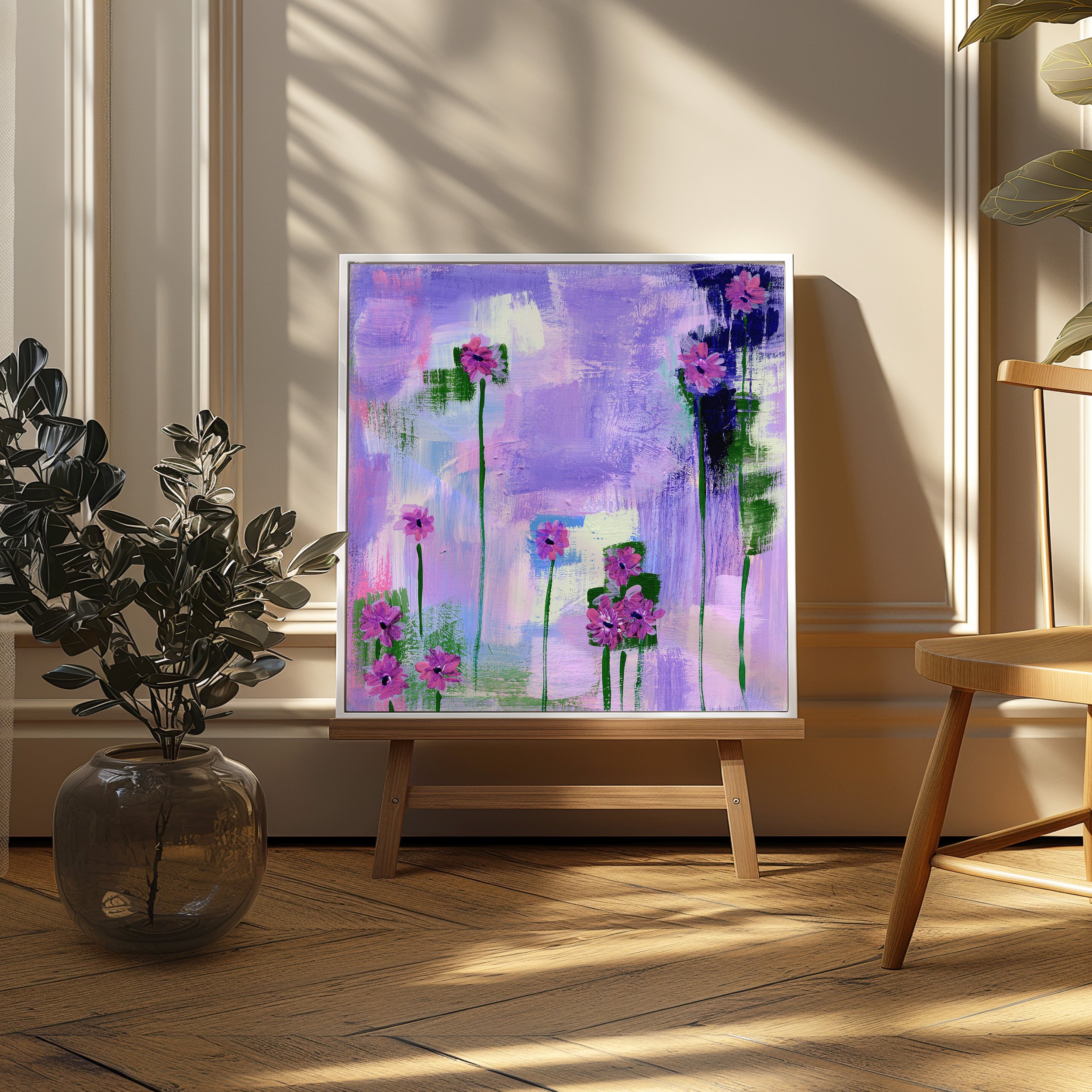 Whimsical pink palm trees against dynamic, multi-hued sky of sunset tones monies. Abstract and warm background.