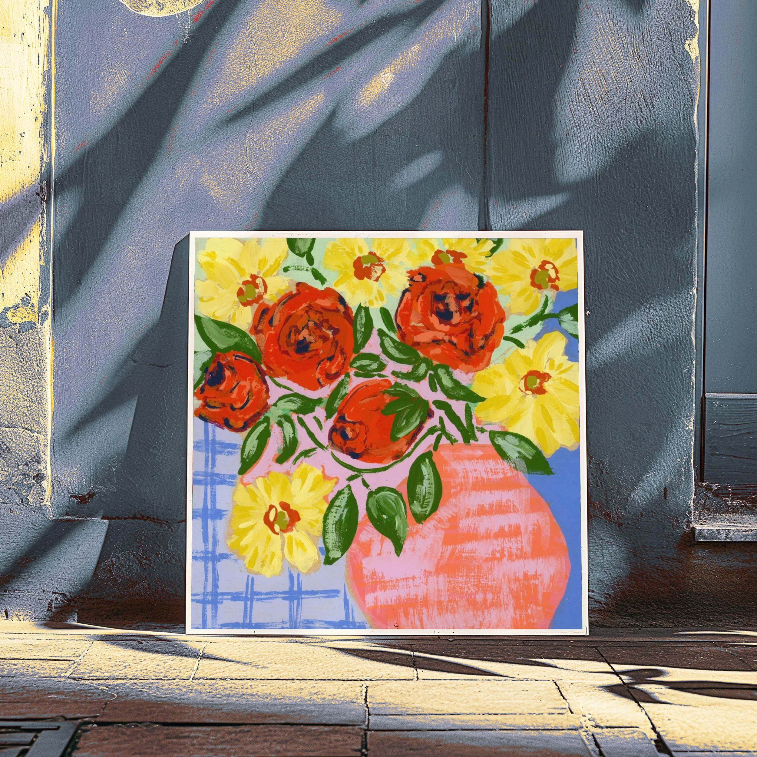 Fine art print of gouache painting of my weekly bouquet featuring bold orange roses and bright yellow ranunculus on an abstract and colorful background.
