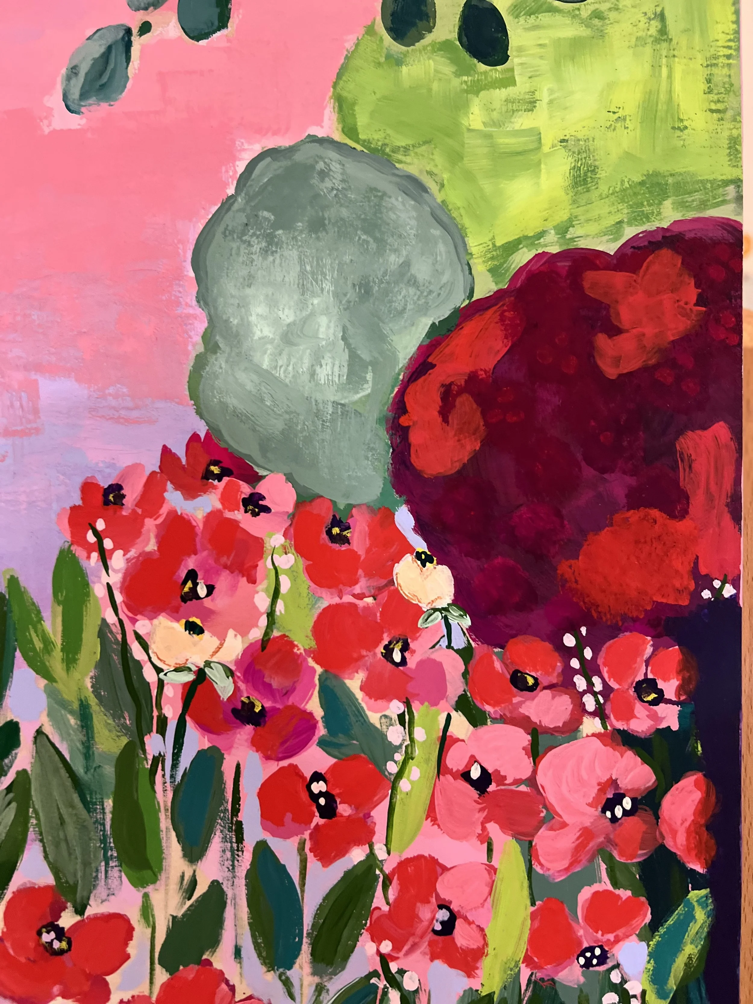 Vibrant painting capturing the enchanting beauty of Claude Monet's garden in Giverny, where brilliant red poppies bloom beneath graceful branches against a dreamy pink sky.