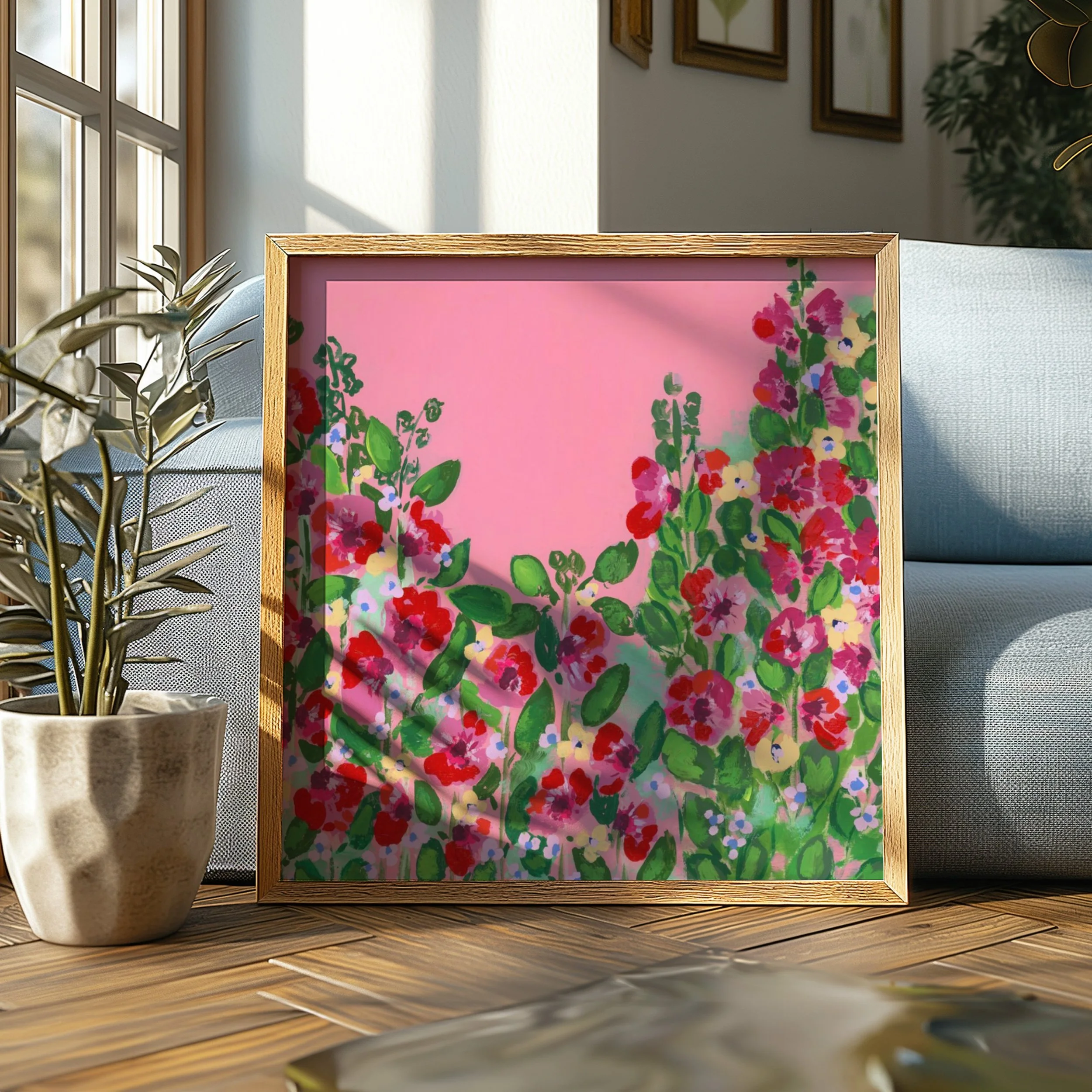 Vibrant hollyhocks painting featuring red, pink, and yellow blooms with lush green foliage against a soft pink background, capturing the joyful essence of an English spring garden in full bloom.