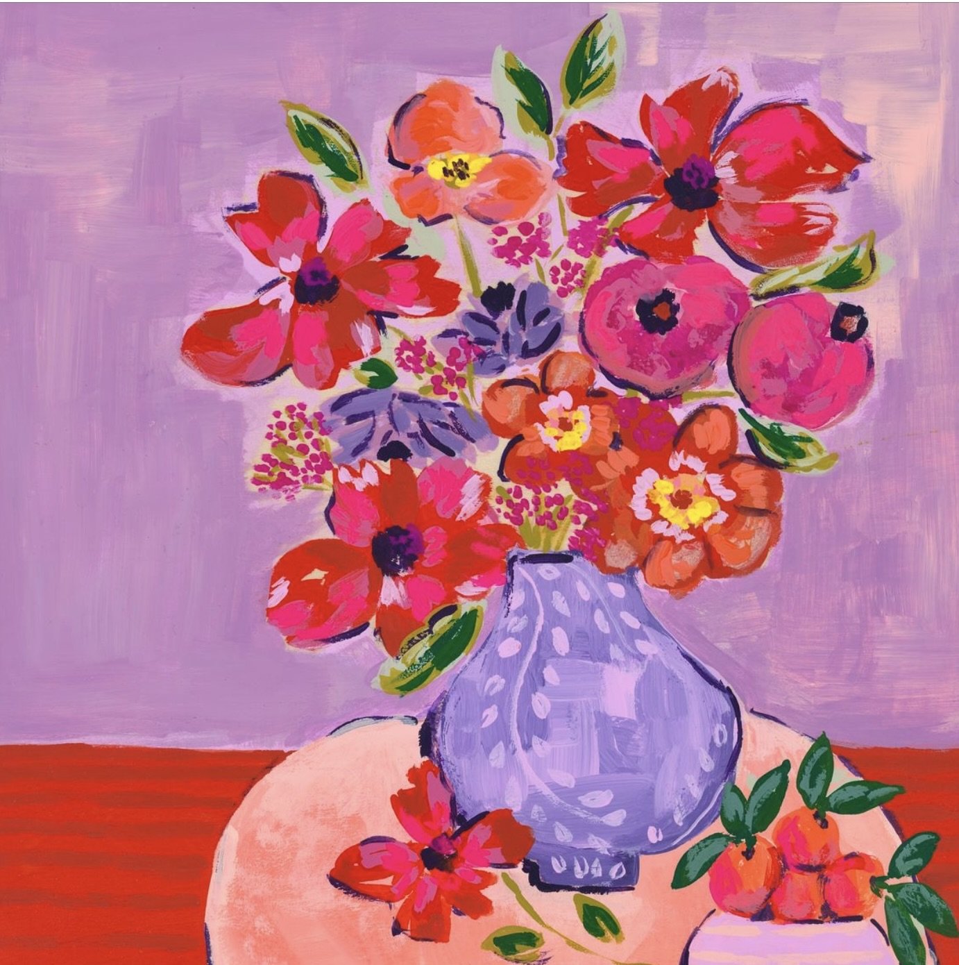 Still life artwork. Delicate purple vase with large bouquet, pink orange, purple flowers and small bowl of oranges. All on a round table.