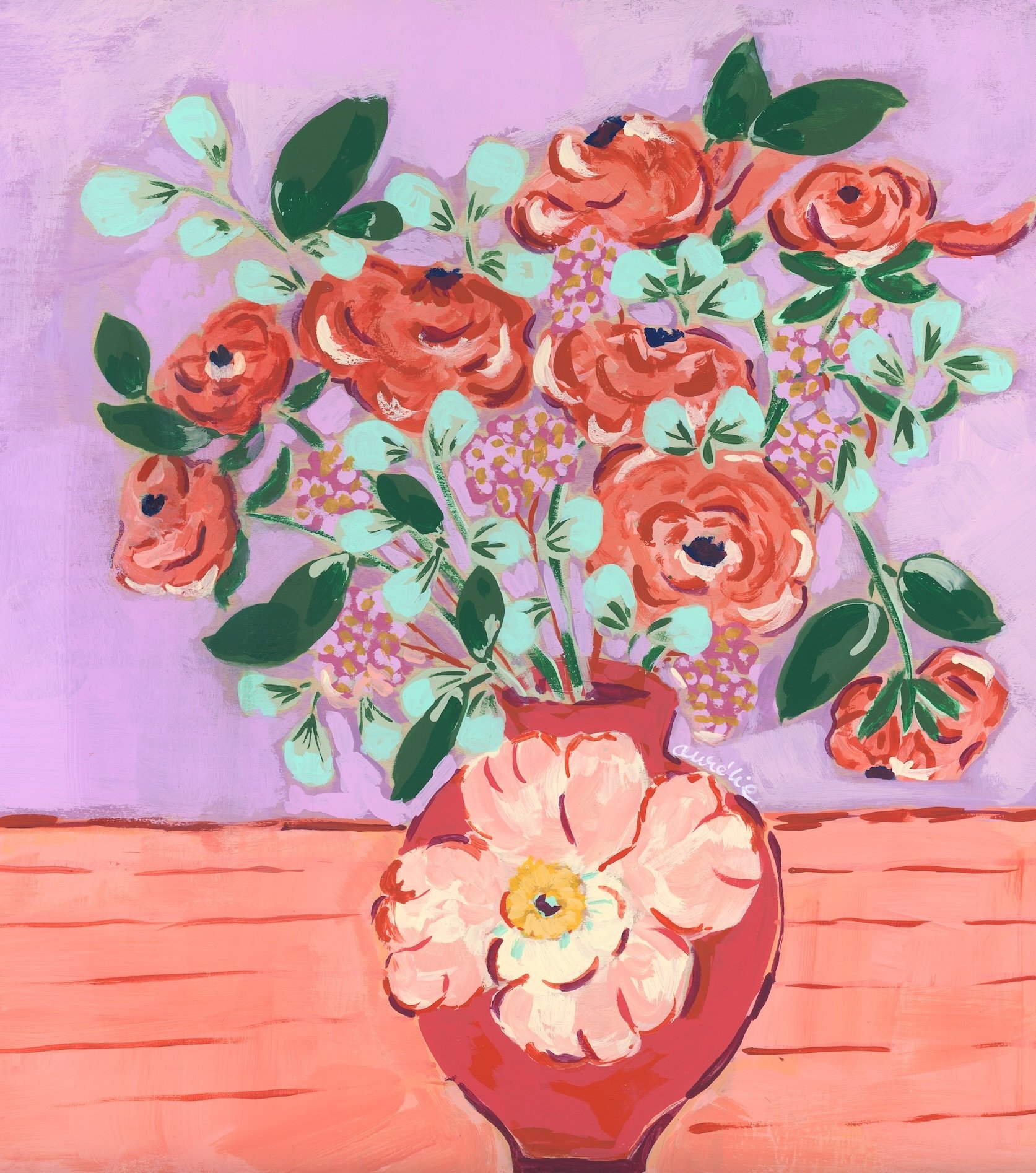 Vibrant orange ranunculus bouquet with mint-green foliage against lavender background. Lovely red vase with its delicate white flower accent. A mix of spring's fresh energy with sophistication.