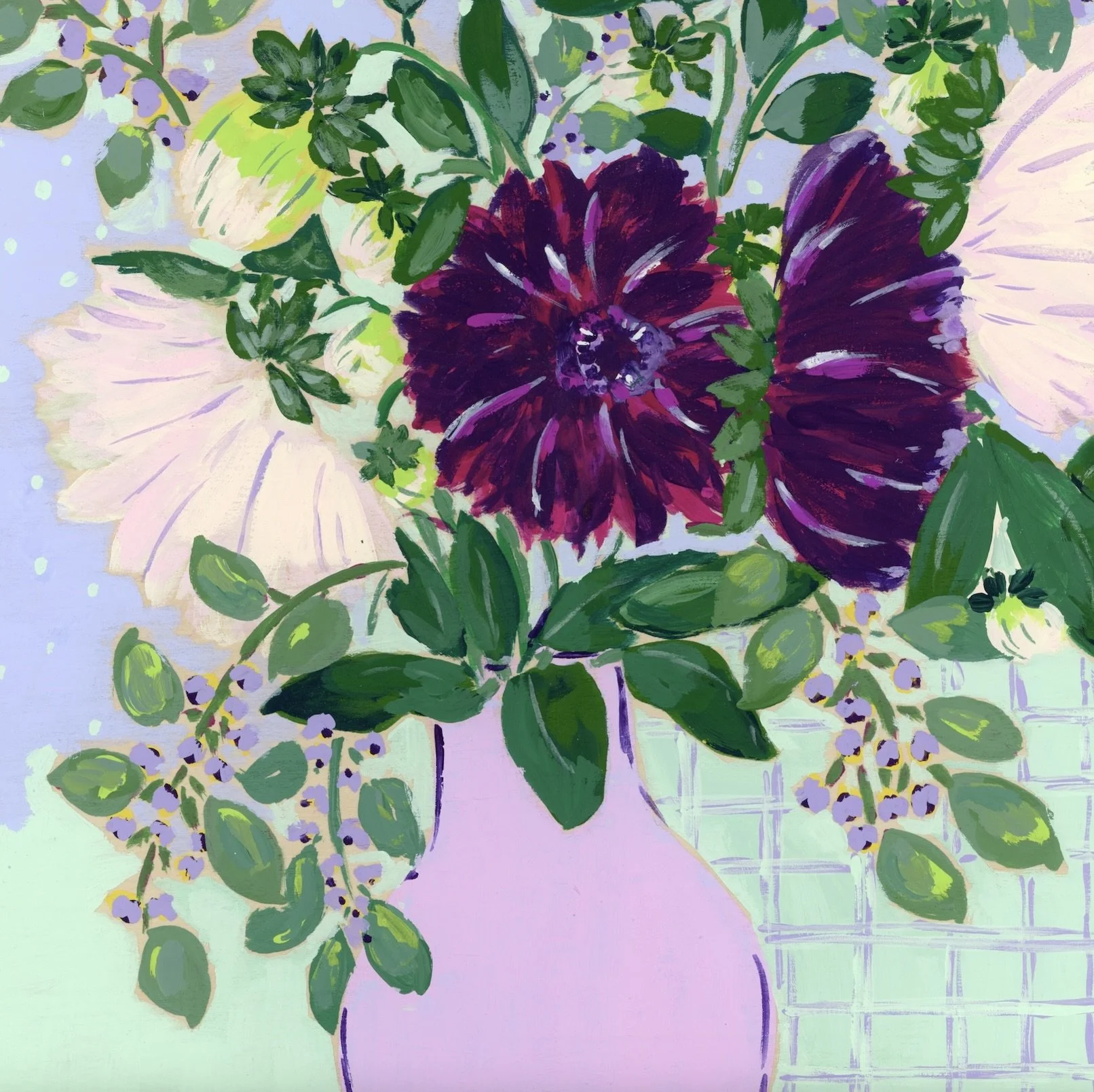 Original floral painting inspired by weekly fresh flowers in the studio. Striking, moody with a stunning green and purple color combination accompanied of a patterned background.