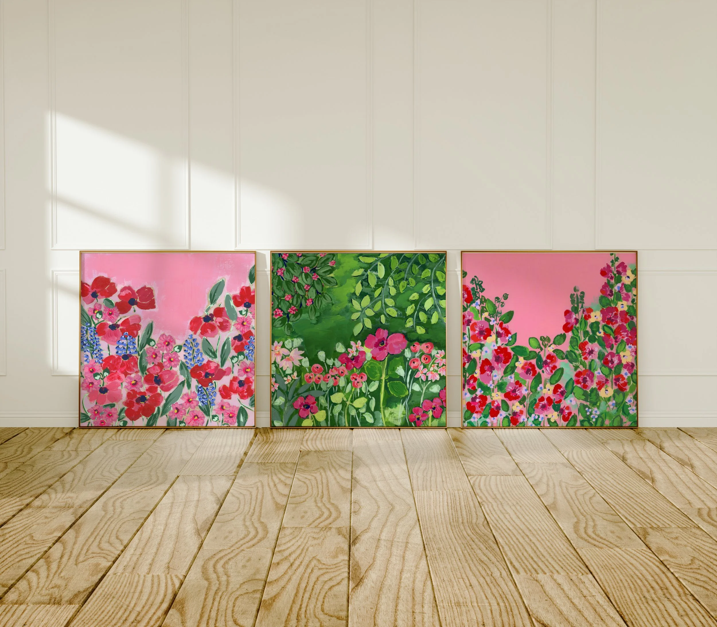 Original floral art print inspired by Claude Monet's garden featuring lush green foliage with cascading branches, pink and coral wildflowers, and a background in various shades of green.