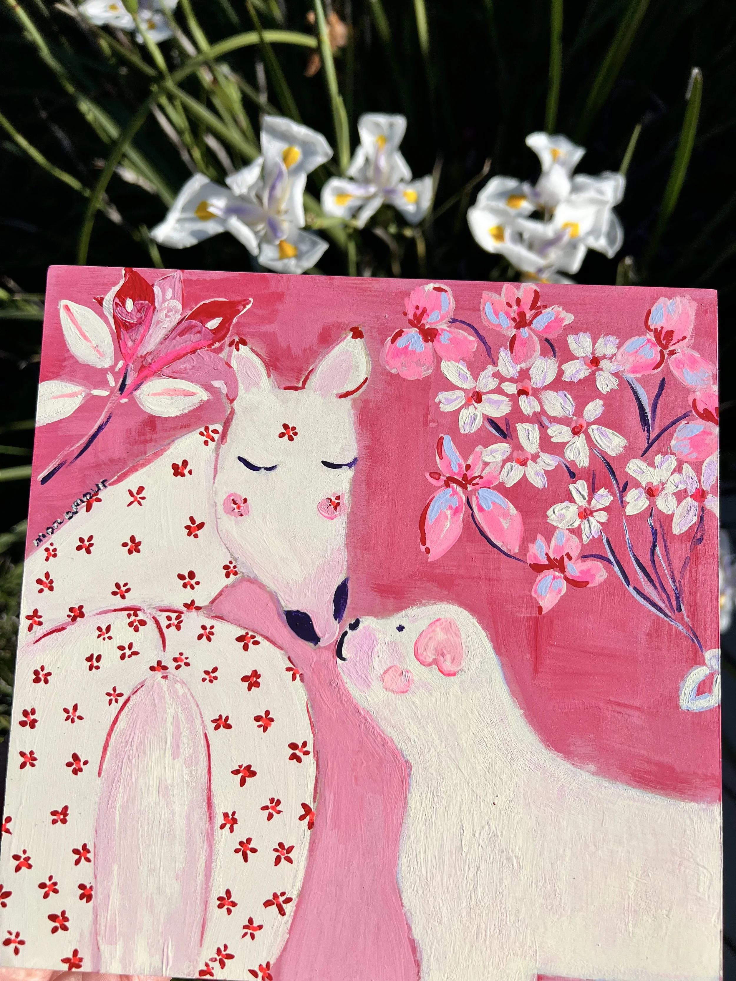 Mon amour. Original artwork. A white horse and sweet dog embracing floating flowers. Created for the Lunar New Year to celebrate love's ability to transcend all boundaries.