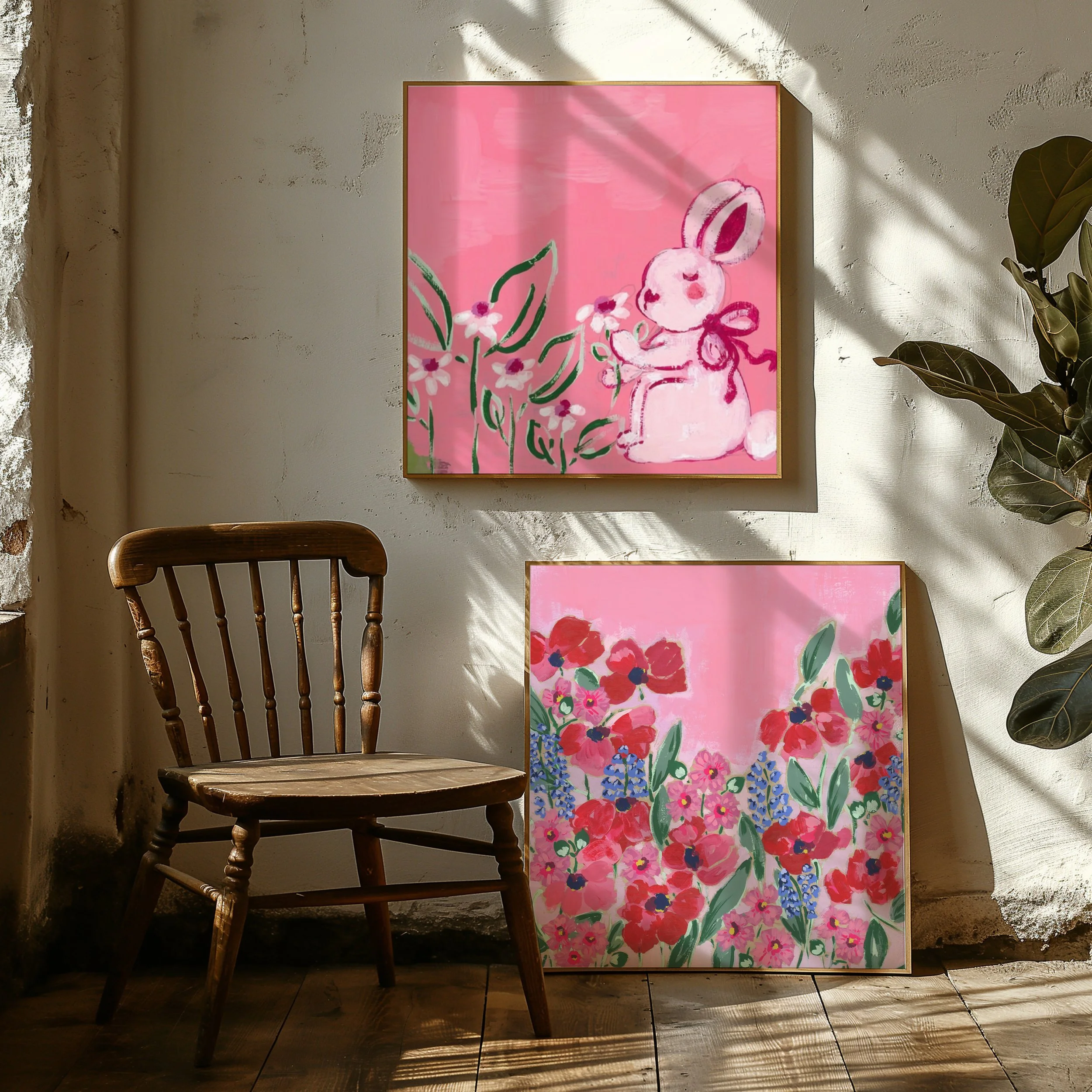 Fine art print with vibrant red and pink poppies, blue delphinium spikes, and cosmos flowers against a soft rose-colored background, inspired by Monet's Giverny garden.