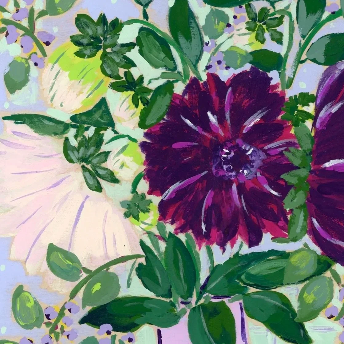 Original floral painting inspired by weekly fresh flowers in the studio. Striking, moody with a stunning green and purple color combination accompanied of a patterned background.
