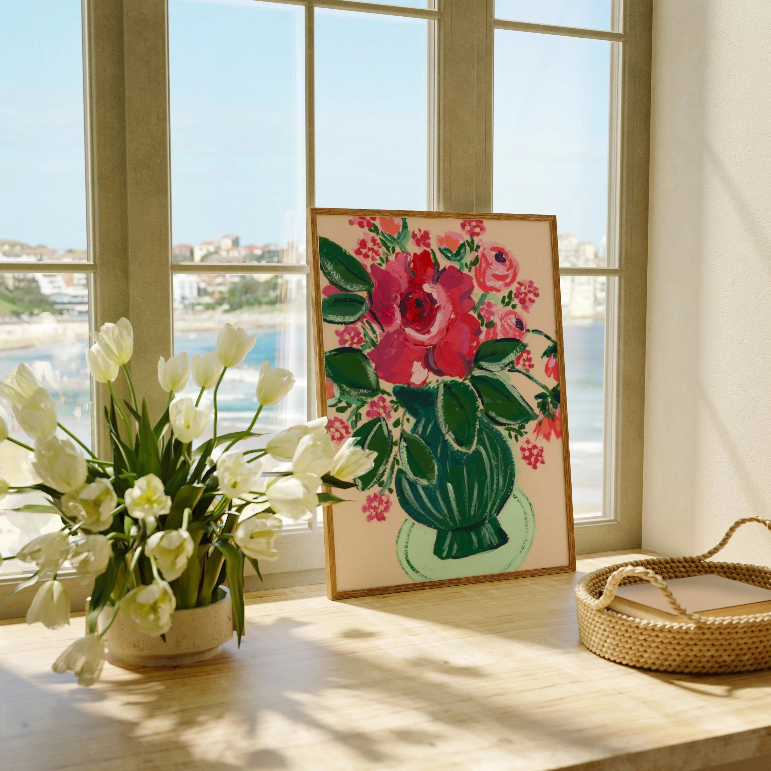 Fine Art Print featuring a floral still life of pink and red roses.