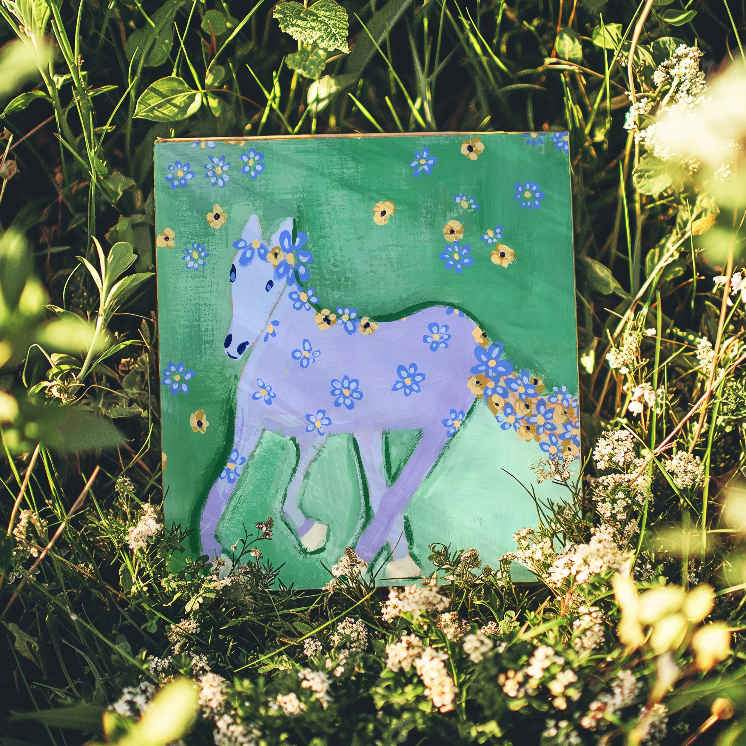 Wild and Free art print, a dreamy lavender horse covered in flowers, roaming free on a lush green field in a delish background details. A lunar year staple.