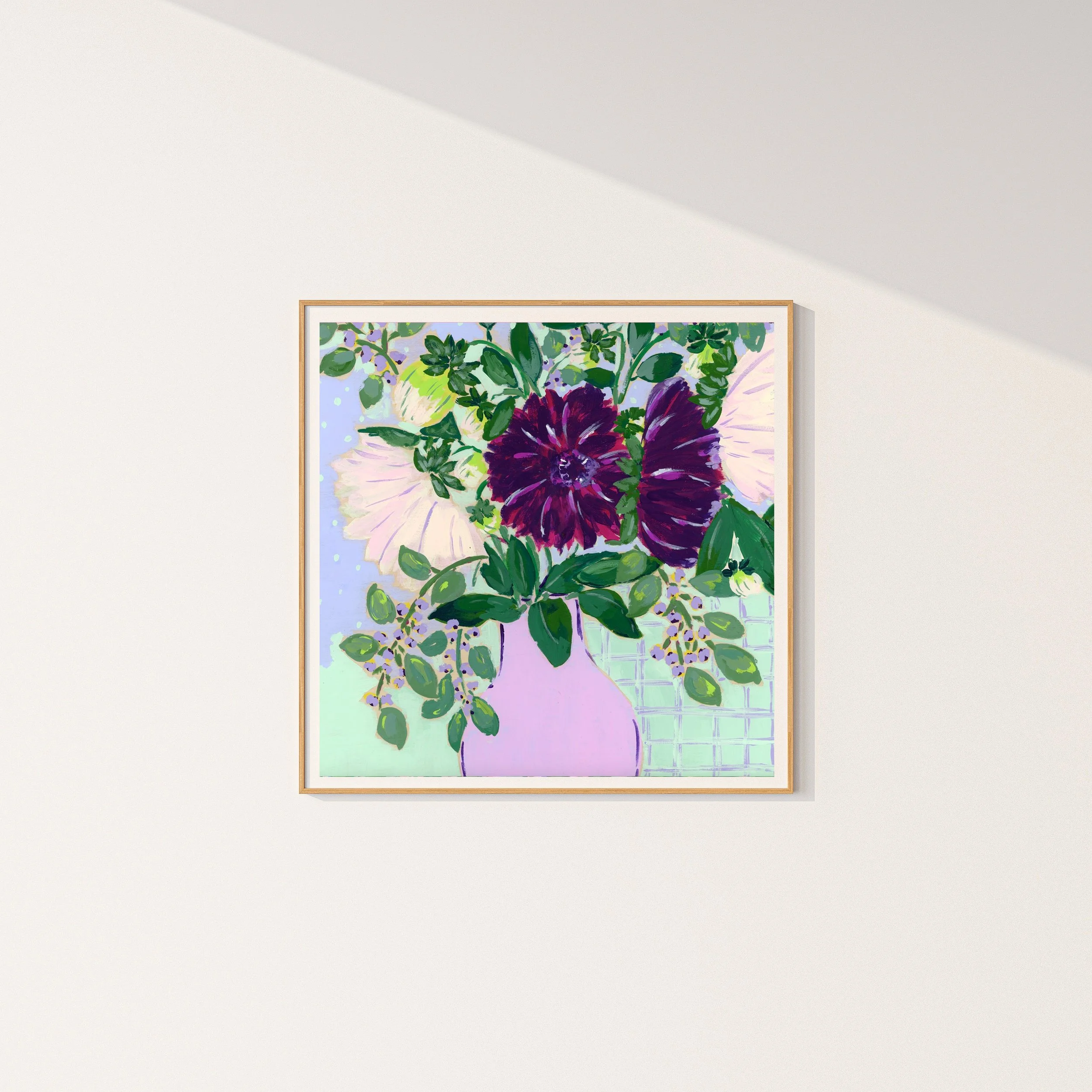Original floral painting inspired by weekly fresh flowers in the studio. Striking, moody with a stunning green and purple color combination accompanied of a patterned background.