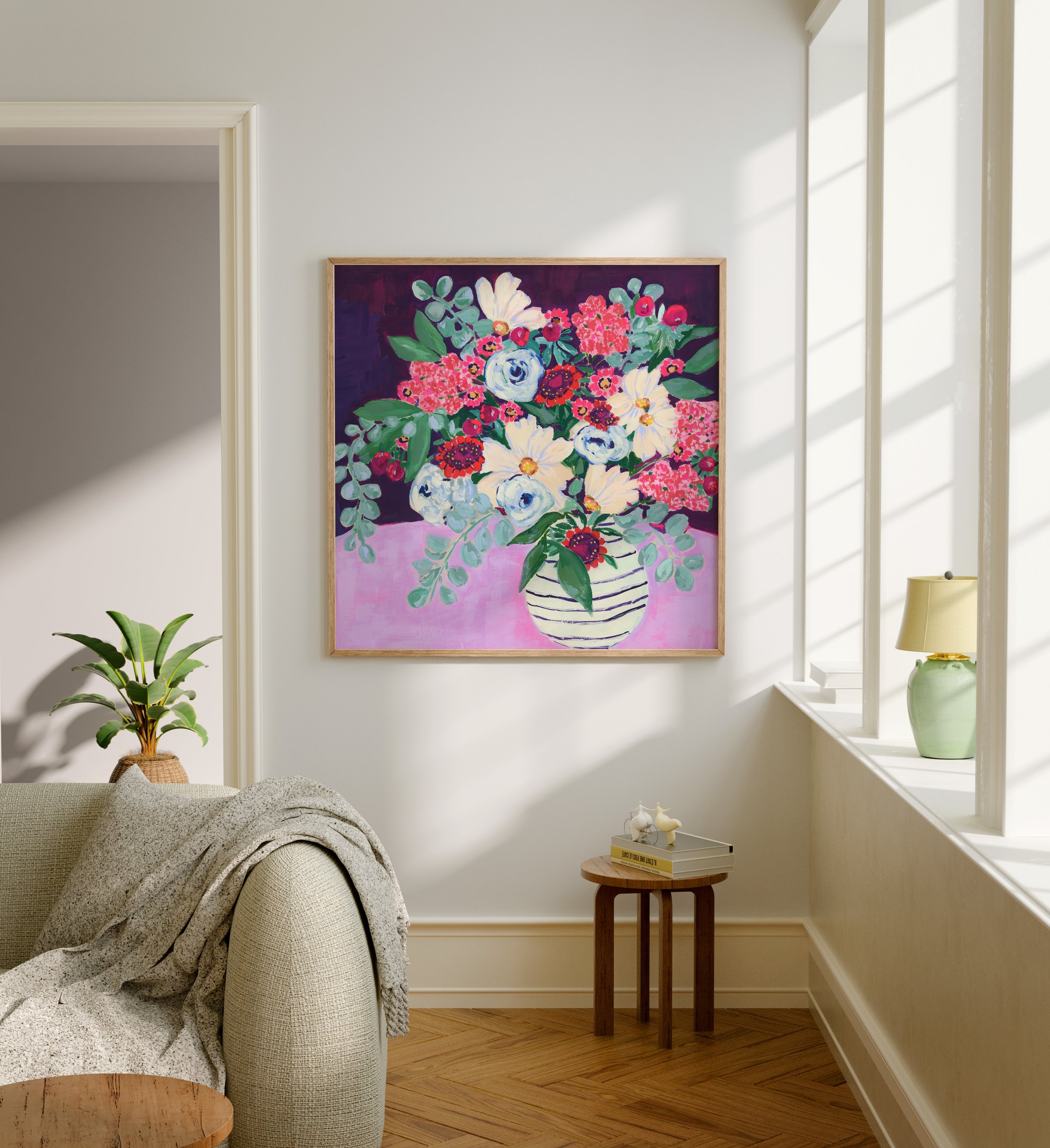 Fine art print of exuberant joy of a freshly gathered bouquet. Lush white, soft blue, and clusters of bright pink florals in a charming striped vase.