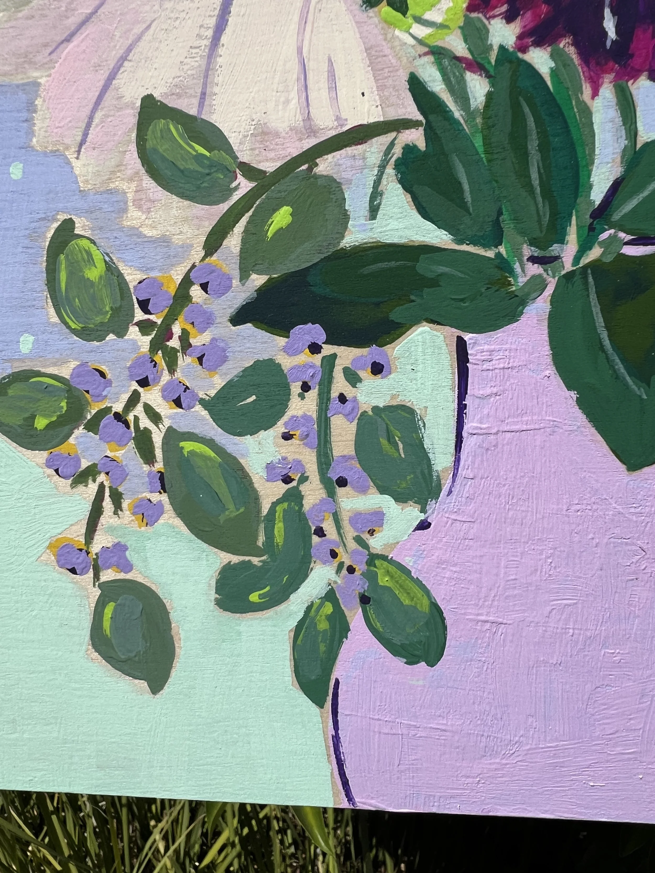 Original floral painting inspired by weekly fresh flowers in the studio. Striking, moody with a stunning green and purple color combination accompanied of a patterned background.
